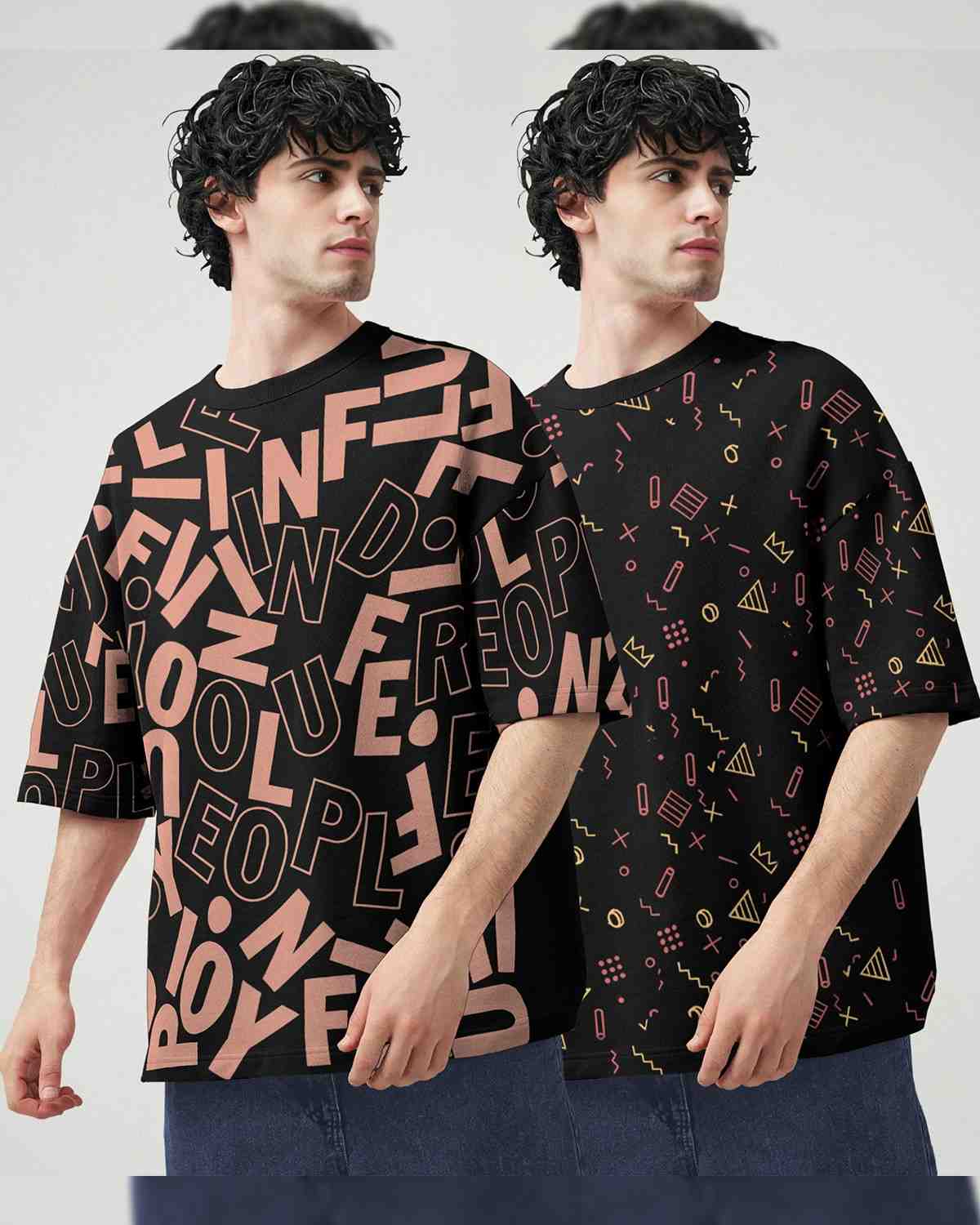 (Pack Of 2) Men Printed Oversized T-shirts Black