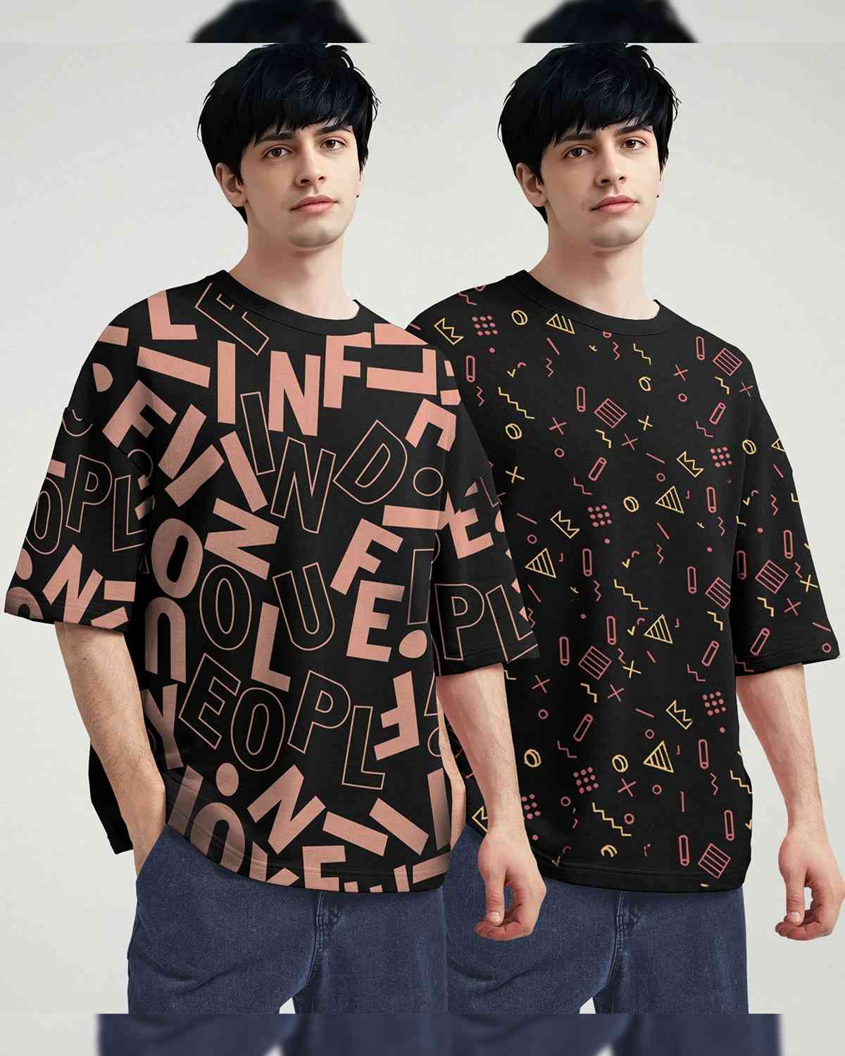 (Pack Of 2) Men Printed Oversized T-shirts Black