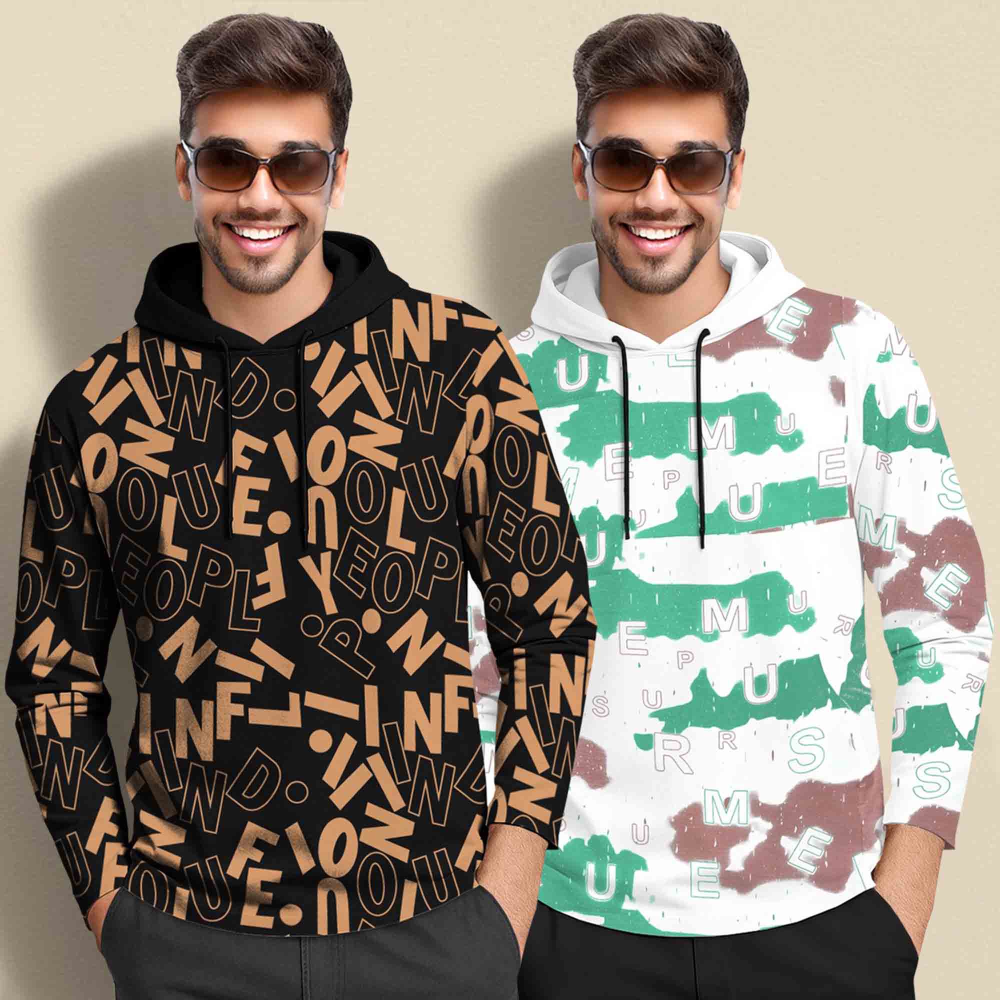 (Pack Of 2) Printed Hooded Full Sleeve T-shirt Black & White