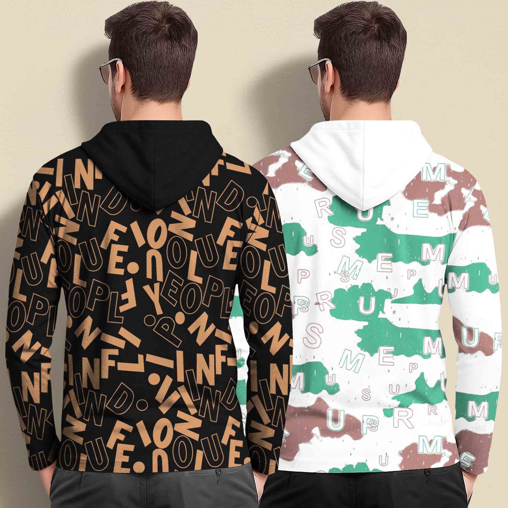 (Pack Of 2) Printed Hooded Full Sleeve T-shirt Black & White