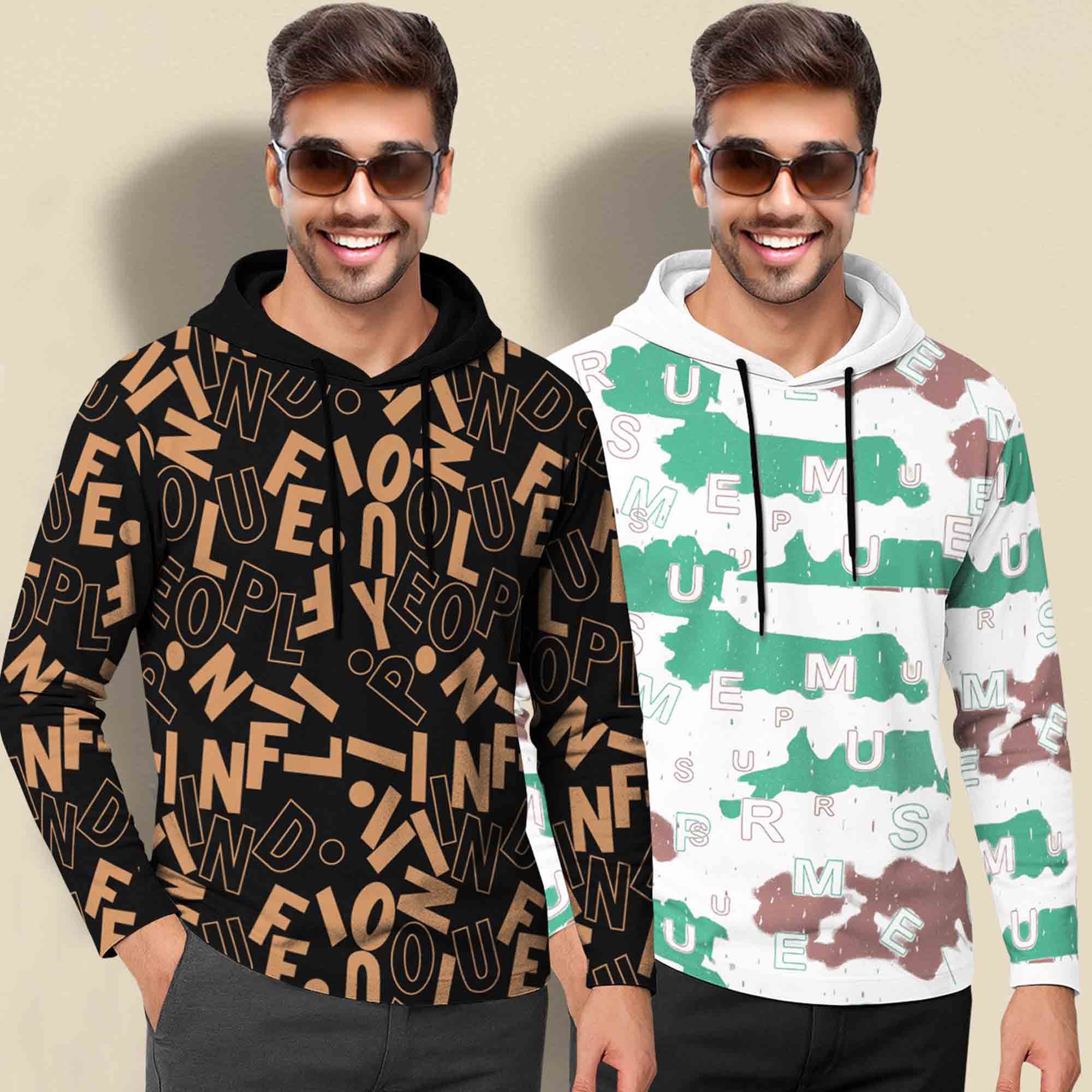 (Pack Of 2) Printed Hooded Full Sleeve T-shirt - 6 Variants
