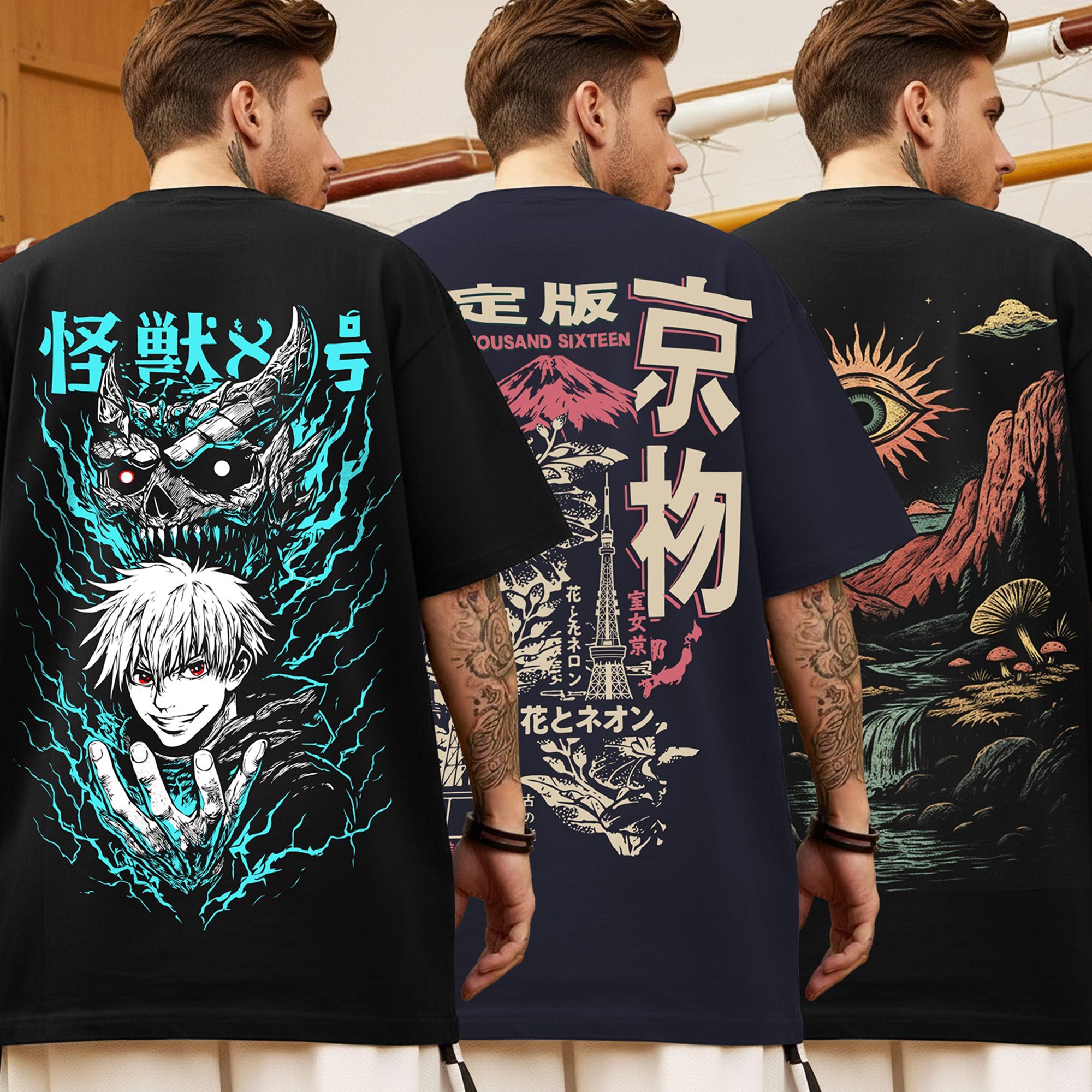 (Pack Of 3) Mens Oversized Graphic Design Back Printed T-Shirts