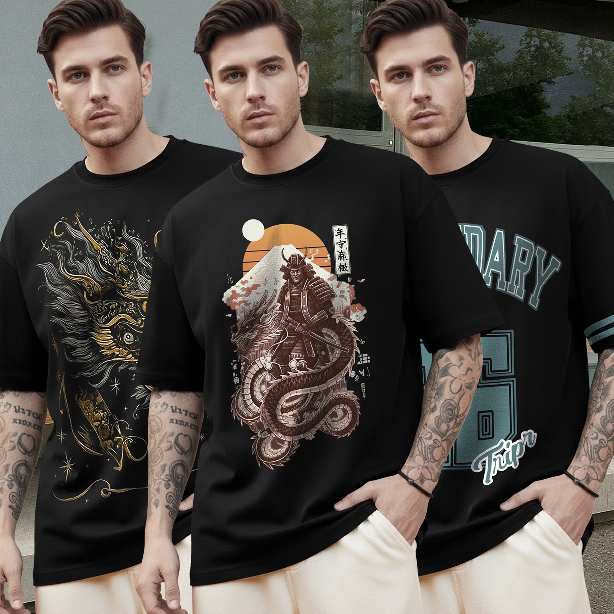 (Pack Of 3) Mens Oversized Graphic Design Back Printed T-Shirts