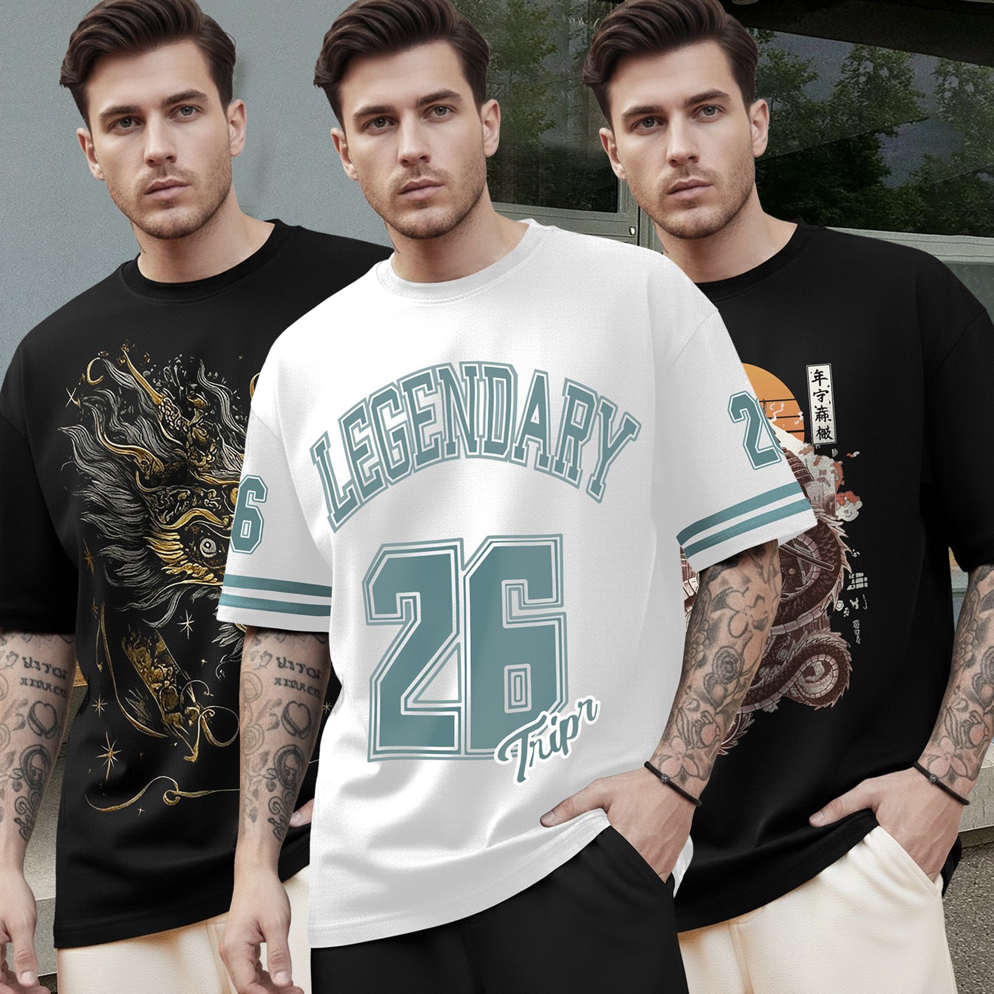 (Pack Of 3) Mens Oversized Graphic Design Back Printed T-Shirts