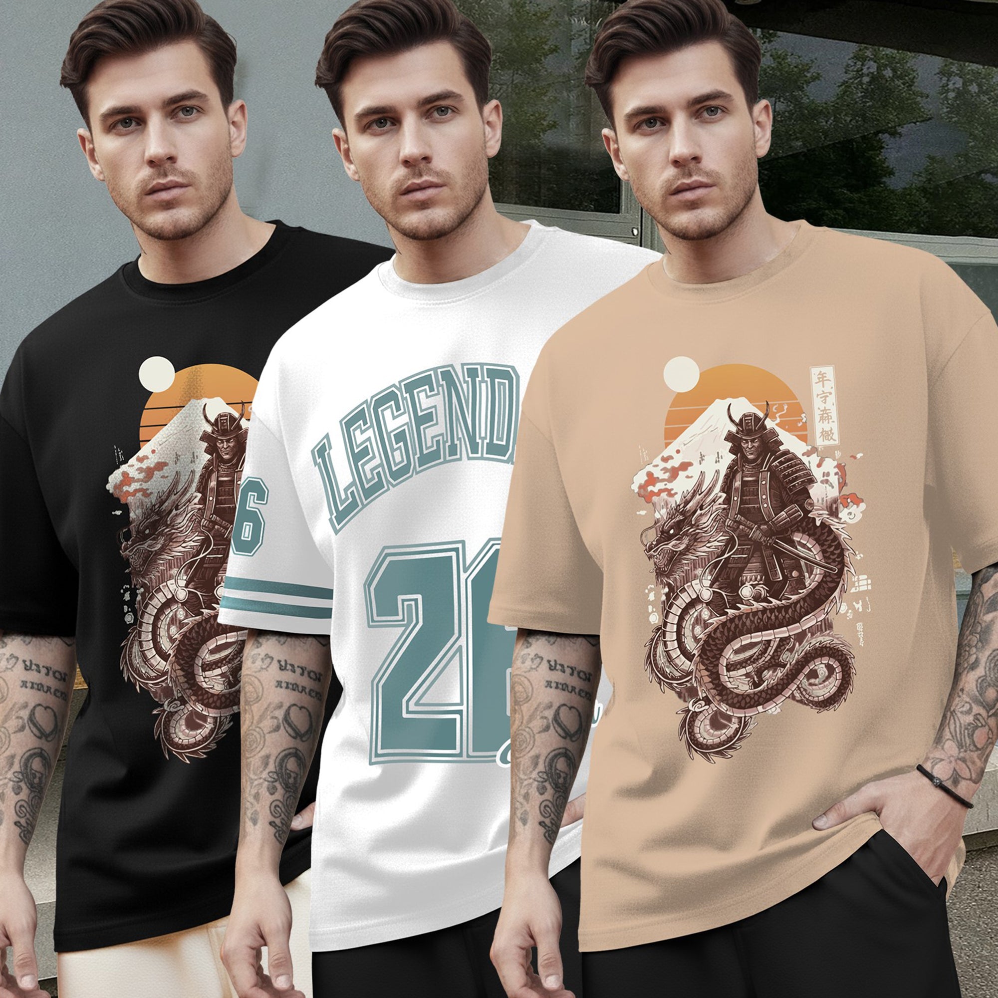 (Pack Of 3) Mens Oversized Graphic Design Back Printed T-Shirts