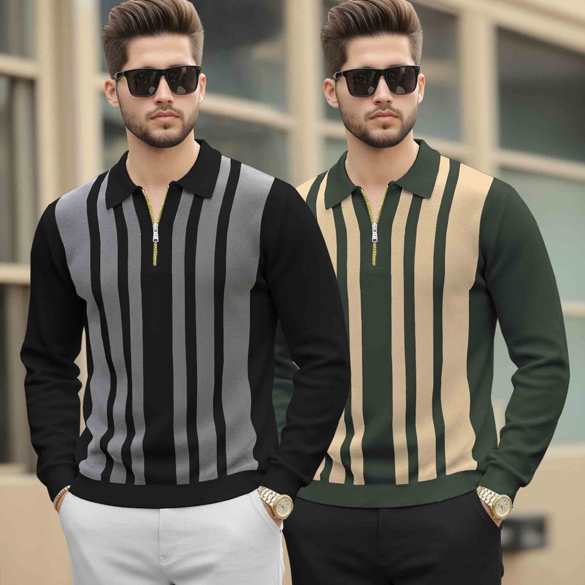 (Pack Of 2) Quarter Zip Polo Neck Vertical Striped Full Sleeve Combo Tshirts - 6 Variants