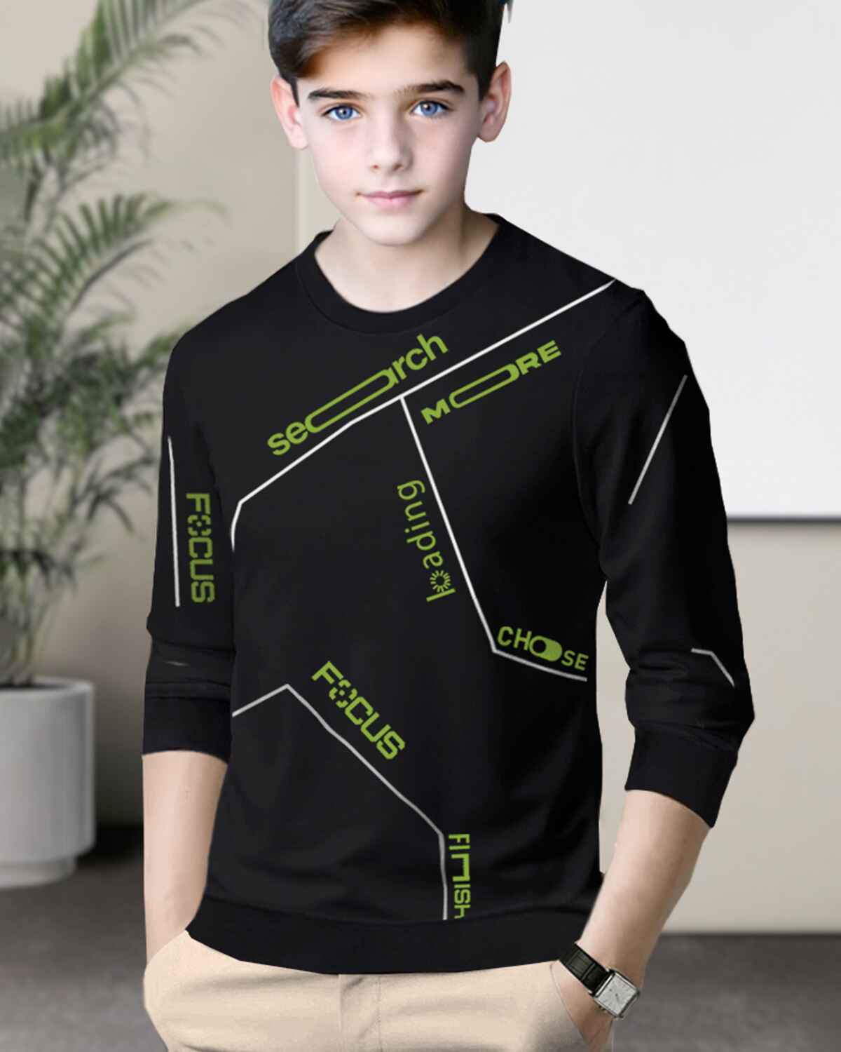 Boys Full Sleeve Black & Green Printed T-shirt