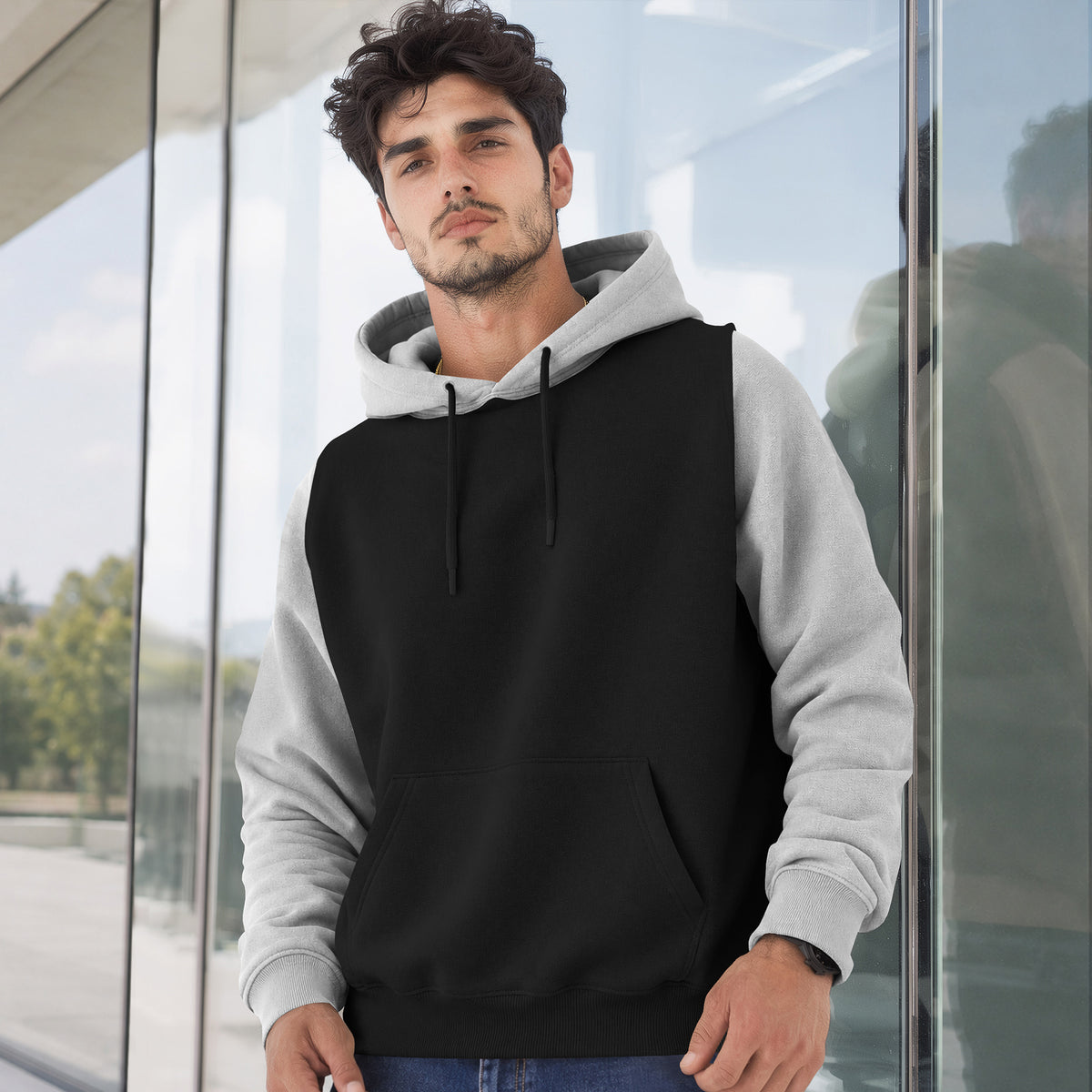 Mens Full Sleeve Two-Tone Casual Pullover Hoodie Black|Grey