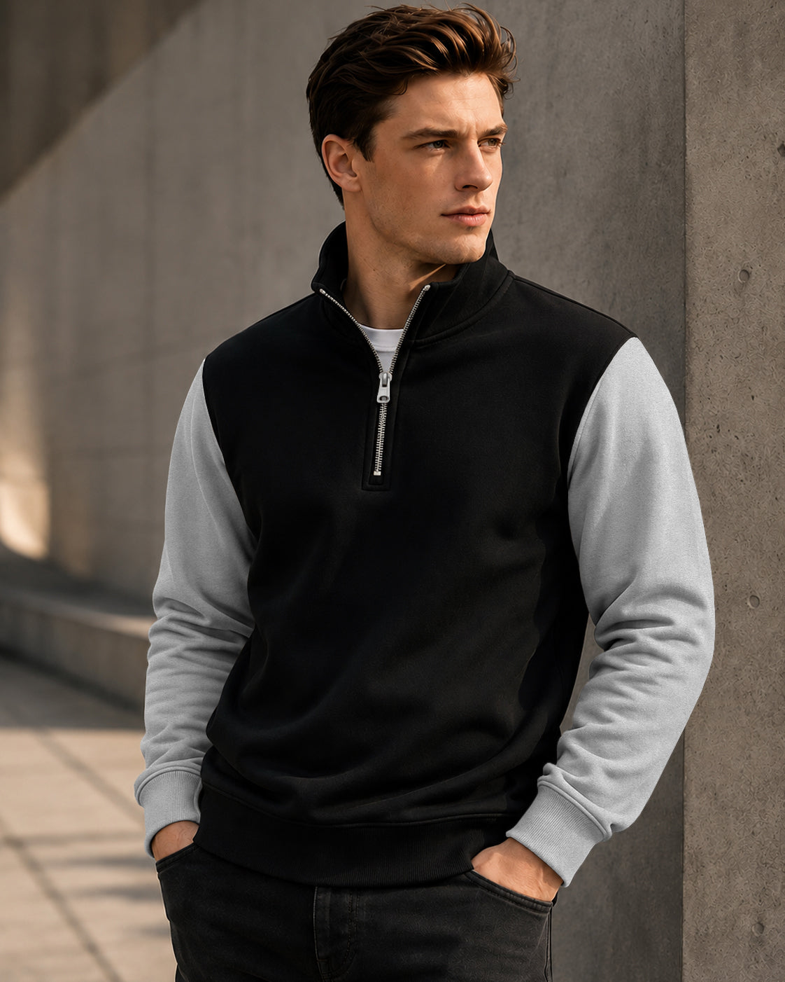 Colorblocked Quarter Zip Neck Full Sleeve Sweatshirt Black|Grey
