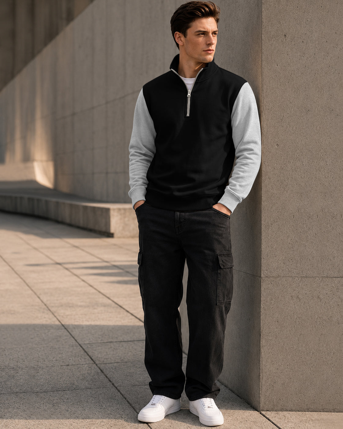 Colorblocked Quarter Zip Neck Full Sleeve Sweatshirt Black|Grey