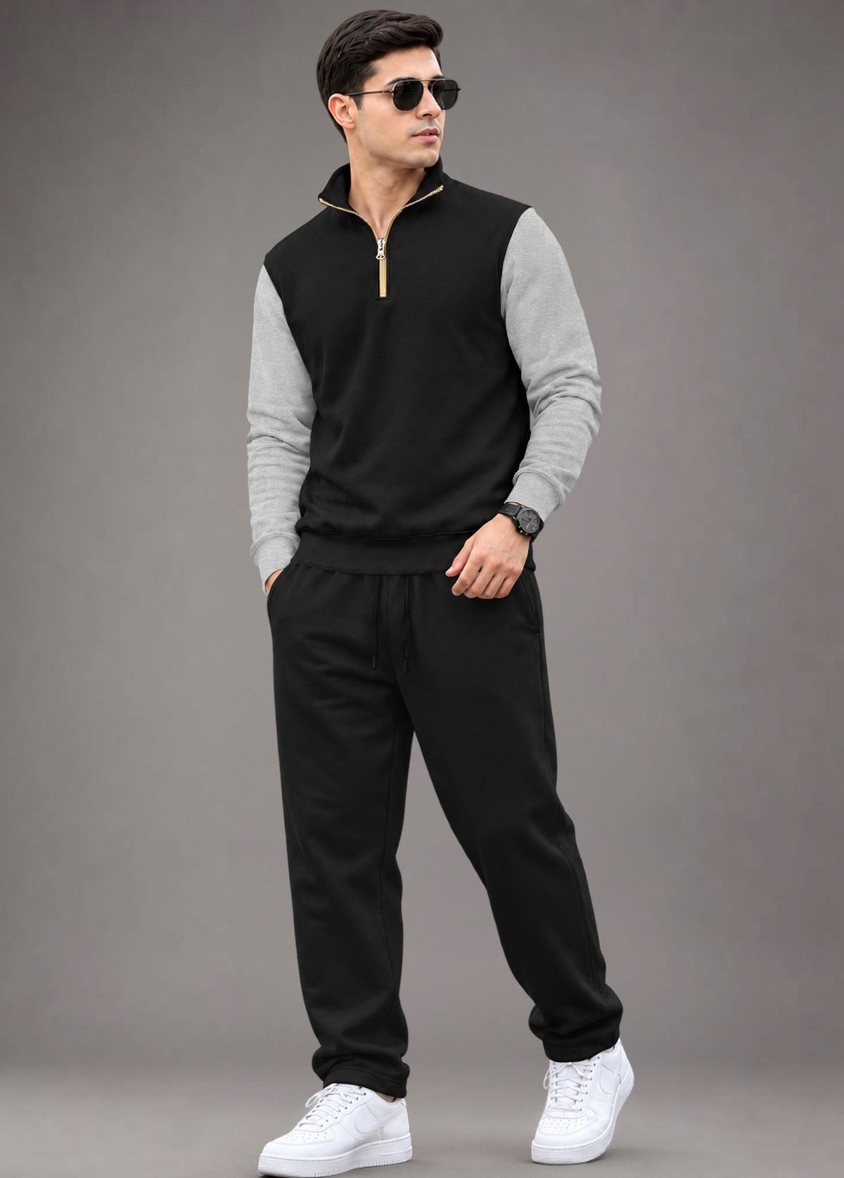 Outfit Set Men Coloblock Sweatshirt & Loose Fit Plain Trackpant