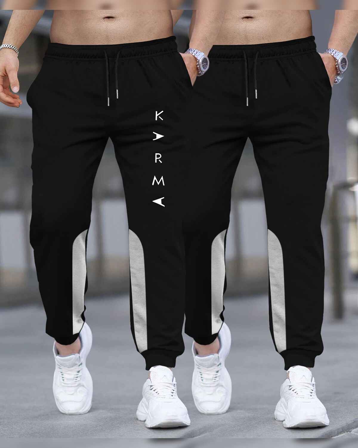 (Pack Of 2) Men Printed Black & Grey Trackpants