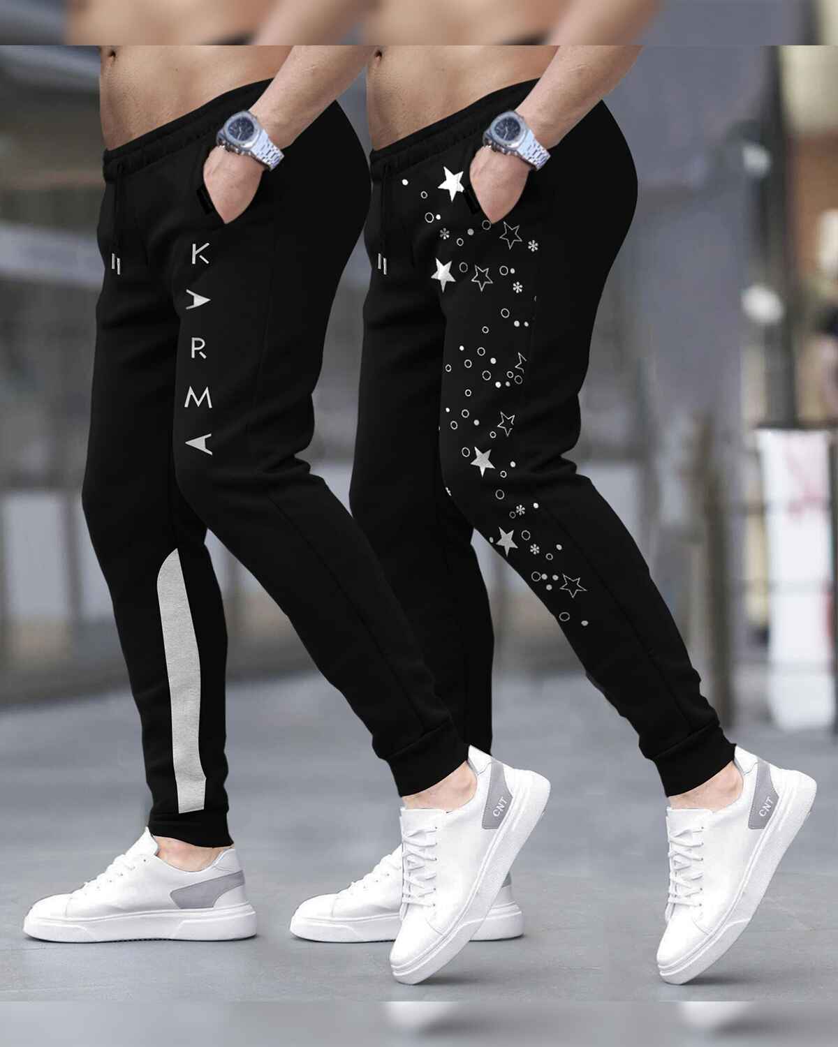 (Pack Of 2) Men Star Printed Black Trackpants