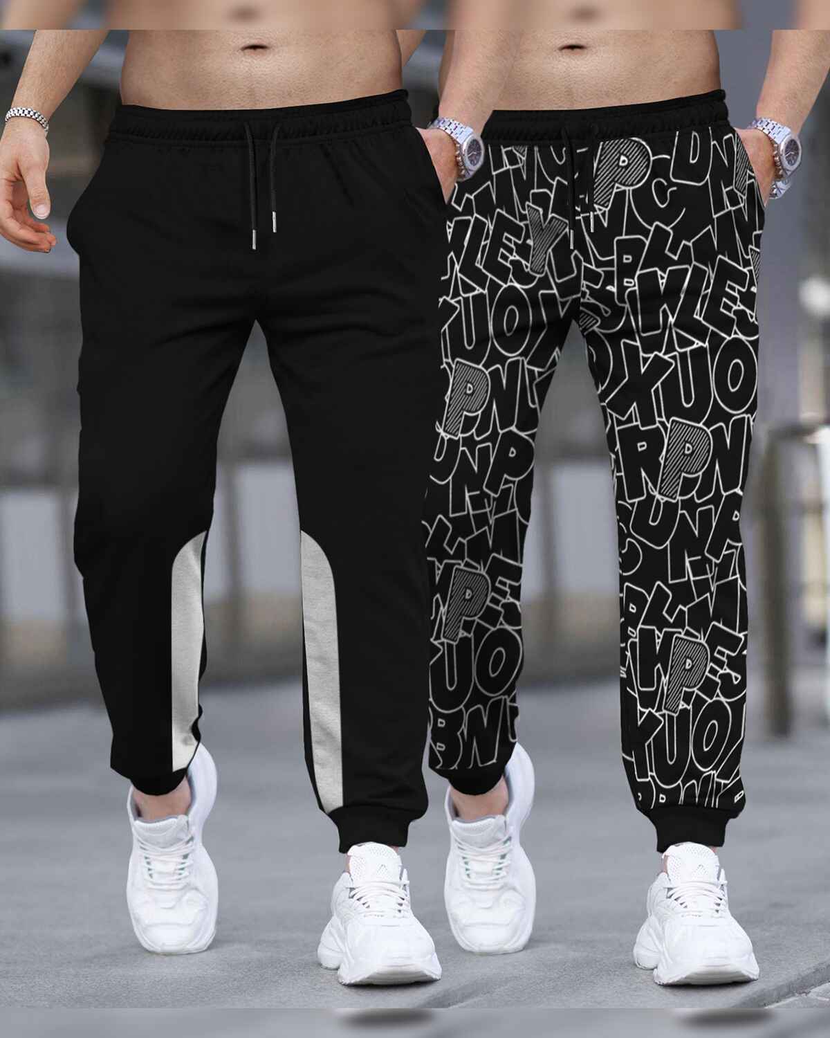 (Pack Of 2) Men All Over Printed Black & Black-Grey Trackpants