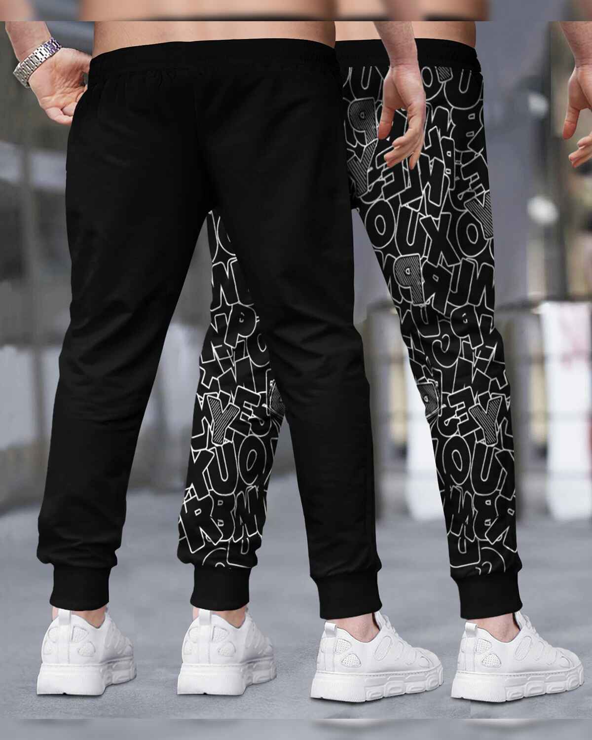 (Pack Of 2) Men All Over Printed Black & Black-Grey Trackpants