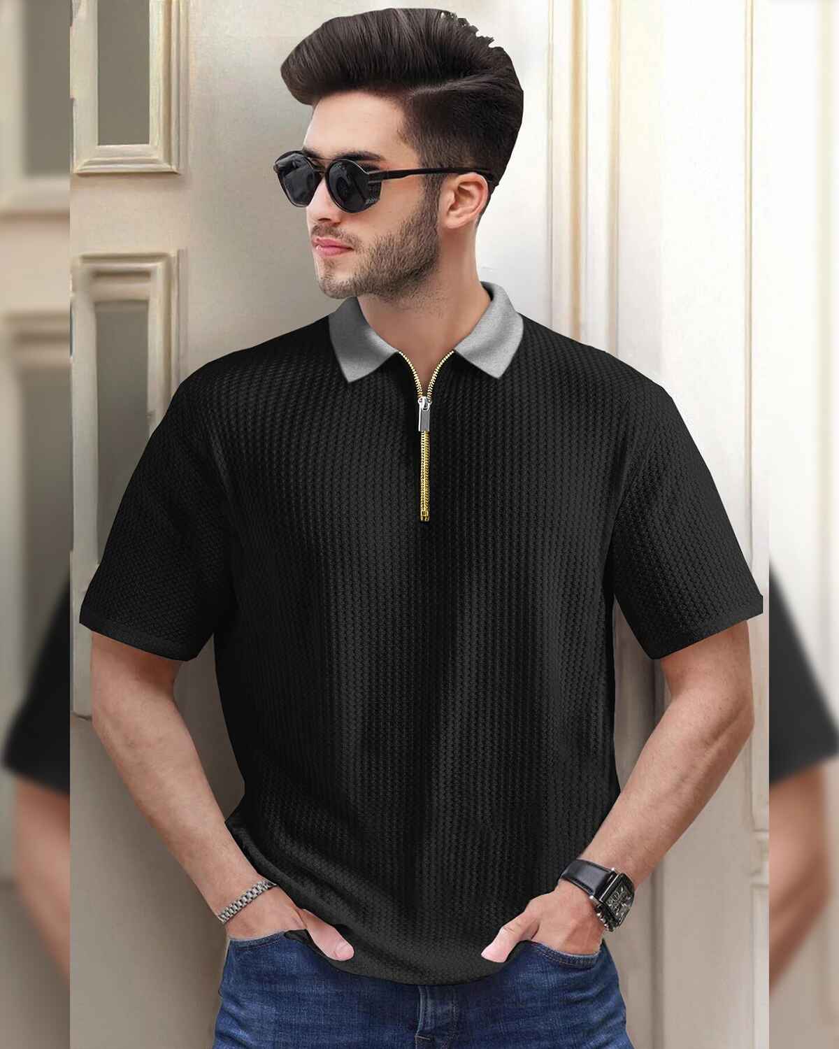 Men Half Sleeve Plain Textured Waffle Black & Grey T-Shirt