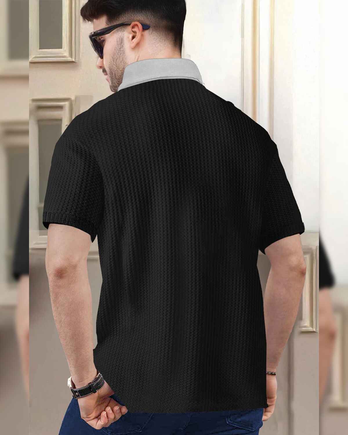 Men Half Sleeve Plain Textured Waffle Black & Grey T-Shirt