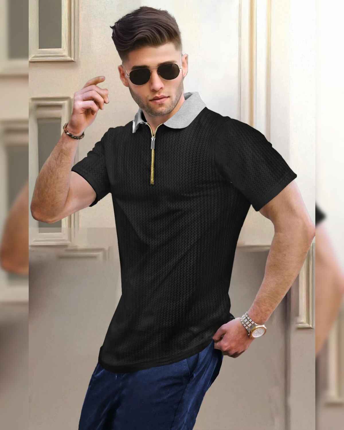 Men Half Sleeve Plain Textured Waffle Black & Grey T-Shirt