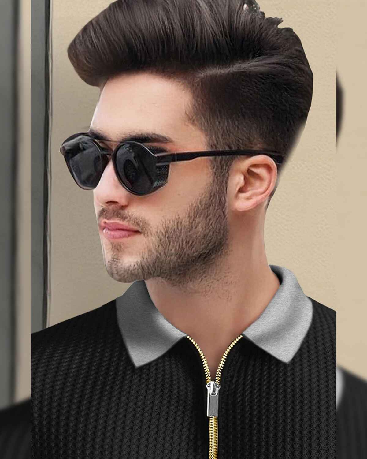 Men Half Sleeve Plain Textured Waffle Black & Grey T-Shirt