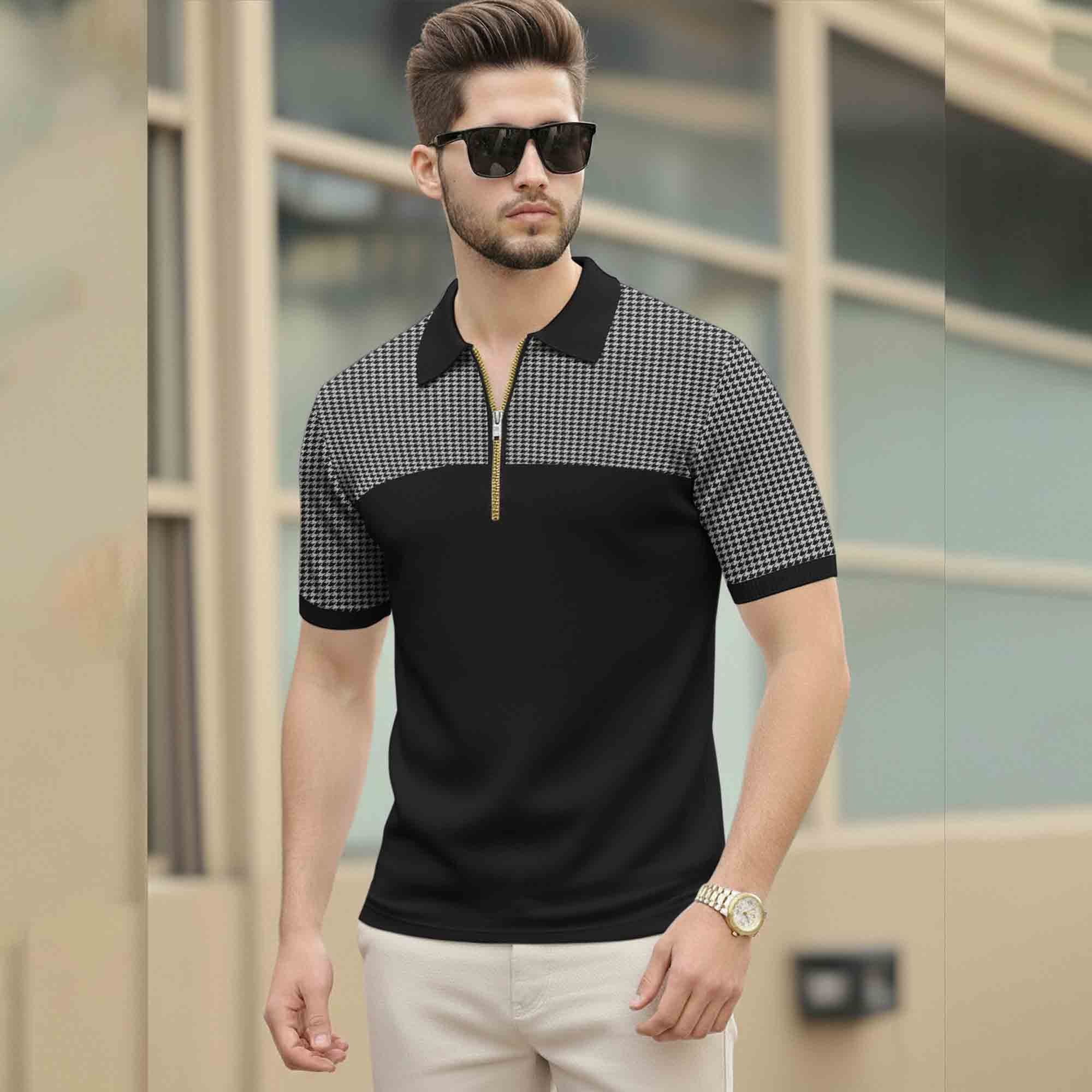 Quarter Zip Polo Neck Dual Color Printed Half Sleeve TSHIRT Black & Grey