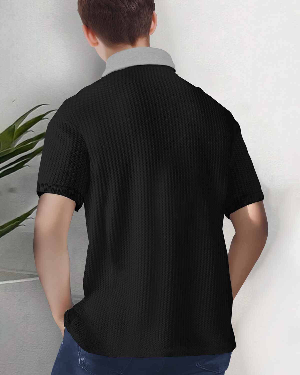 Boy Half Sleeve Black & Grey Plain Textured T-shirt