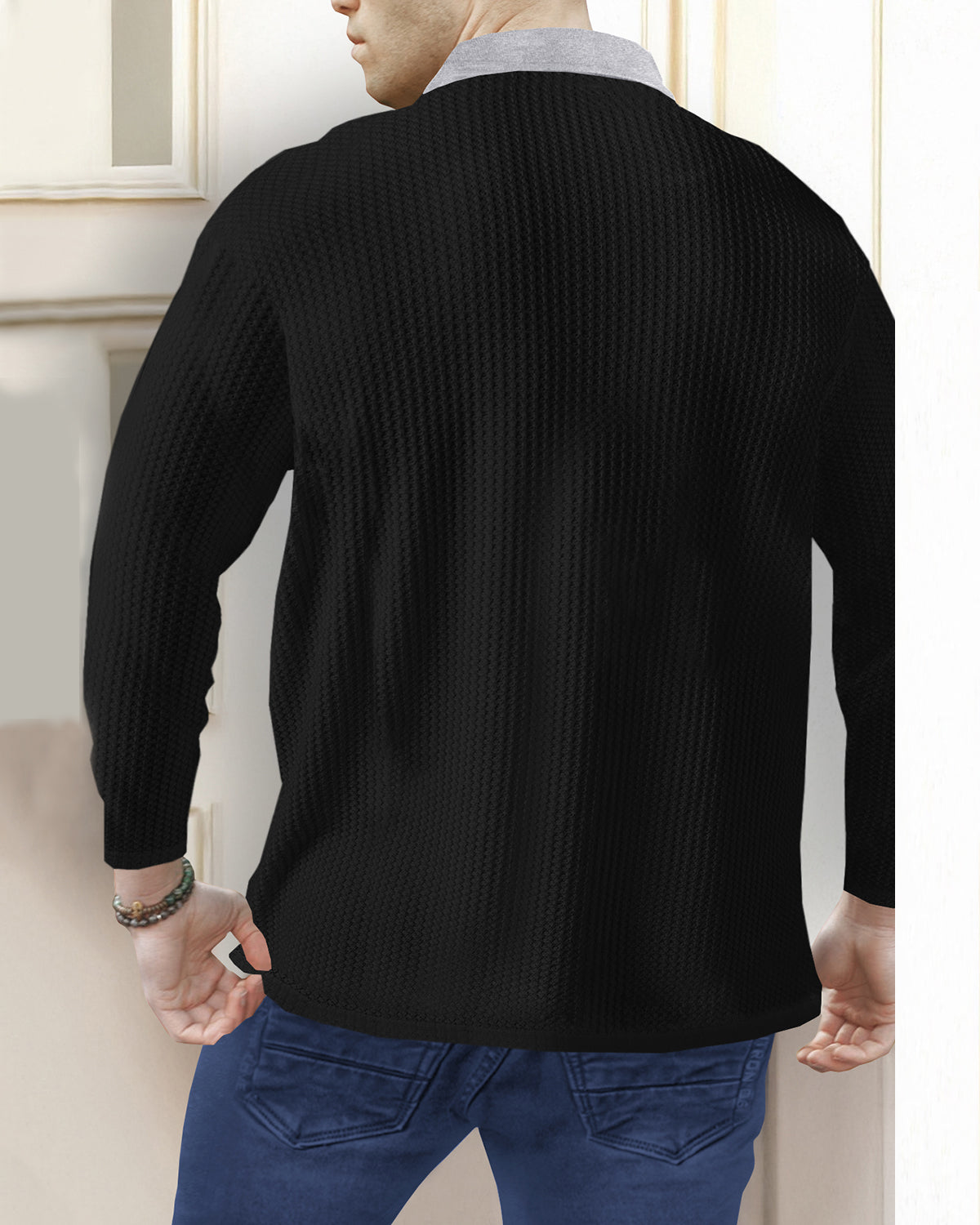 Men’s Waffle Textured Black Full Sleeve Polo T-Shirt with Quarter Zip Neck - Contrast Collar