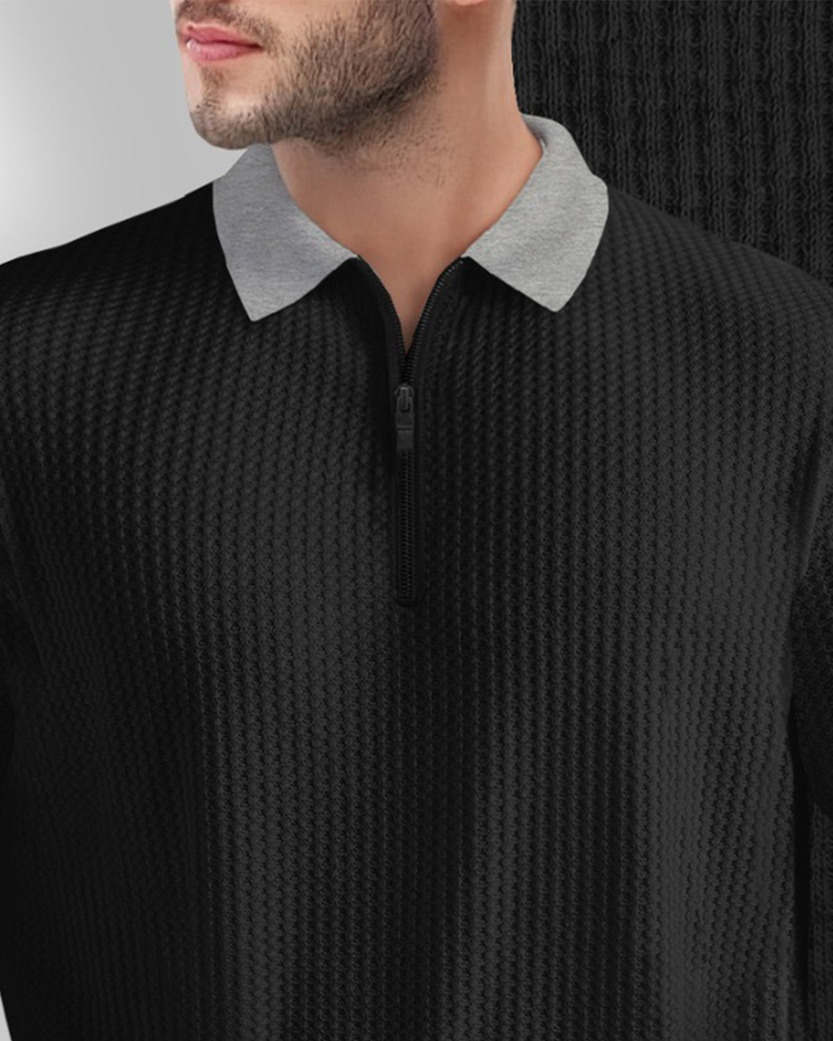 Men’s Waffle Textured Black Full Sleeve Polo T-Shirt with Quarter Zip Neck - Contrast Collar