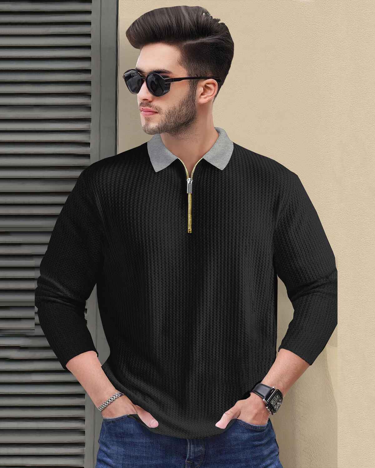 Men Textured Full Sleeve Plain Waffle Black & Grey T-Shirt