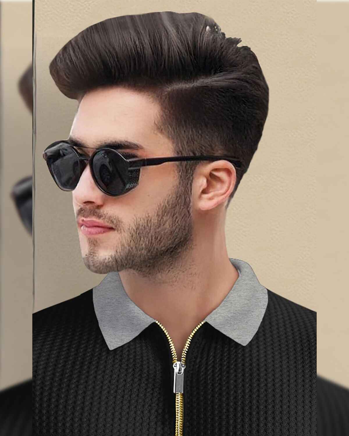 Men Textured Full Sleeve Plain Waffle Black & Grey T-Shirt