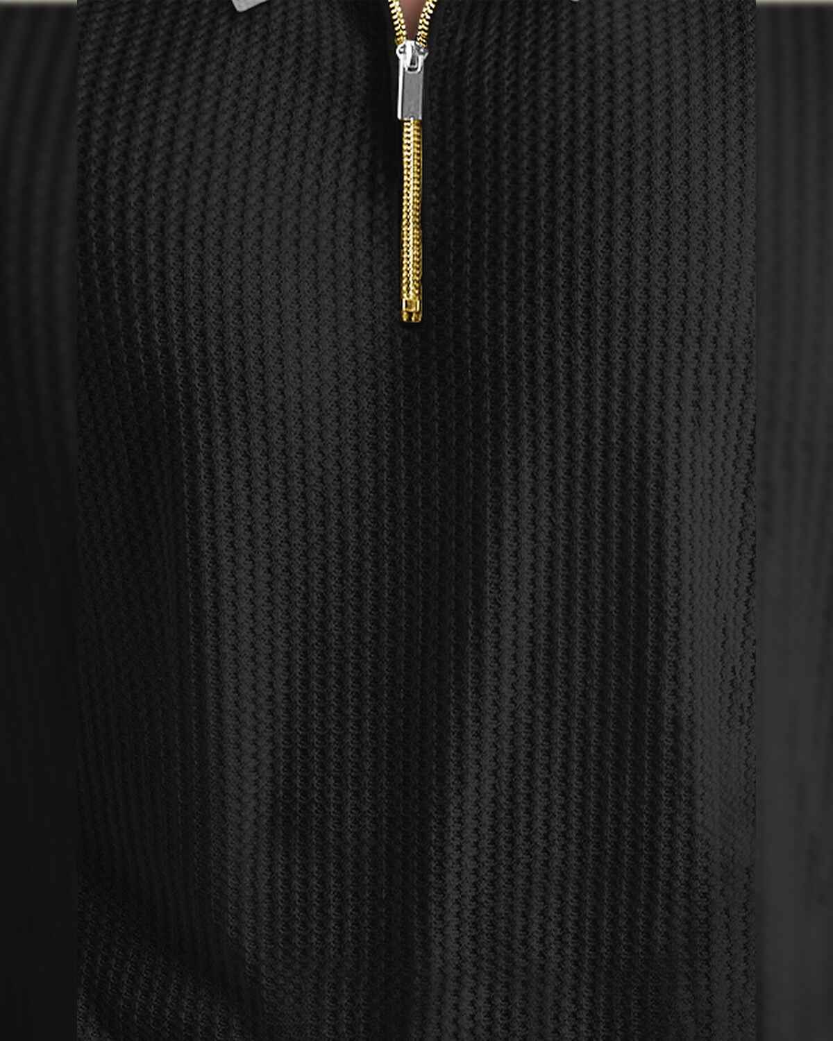 Men Textured Full Sleeve Plain Waffle Black & Grey T-Shirt