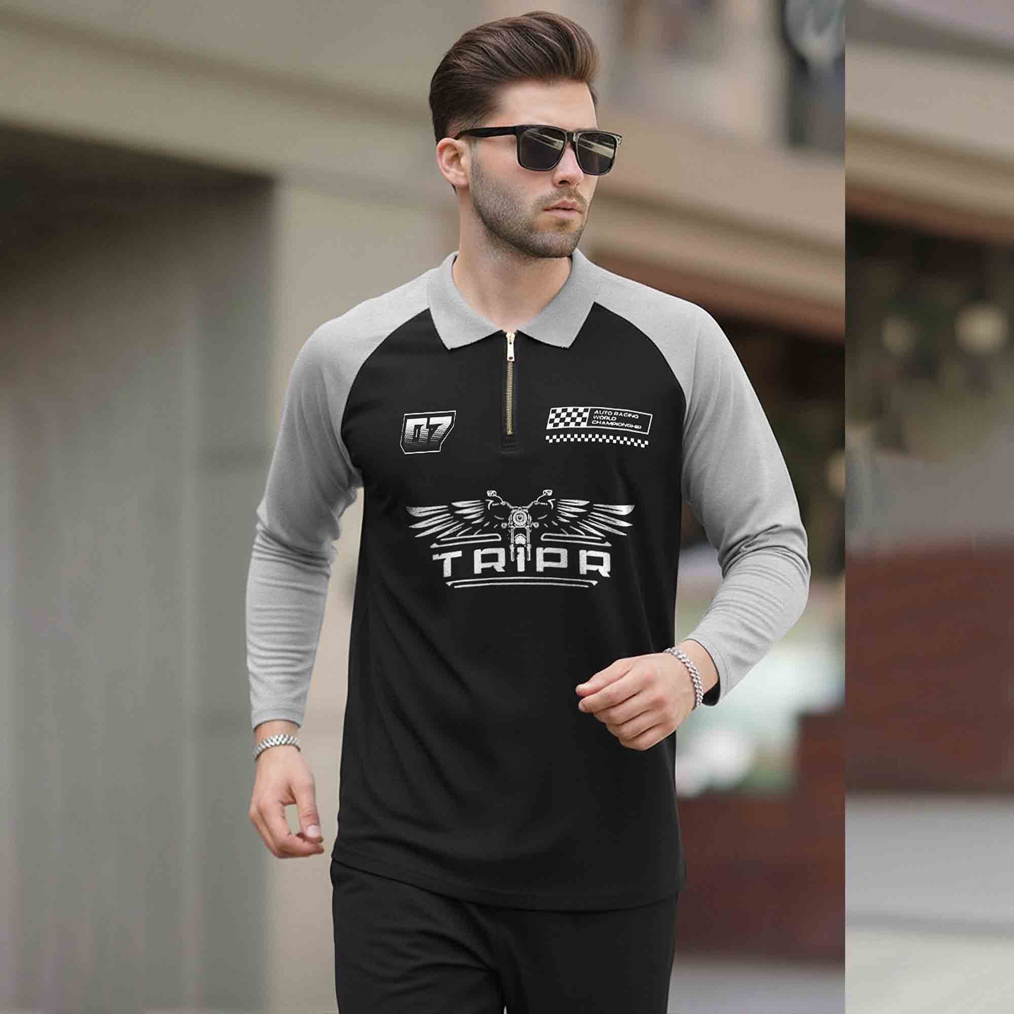 Men Colorblock Quarter Zip Polo Neck Full Sleeve T-shirt Black & Grey