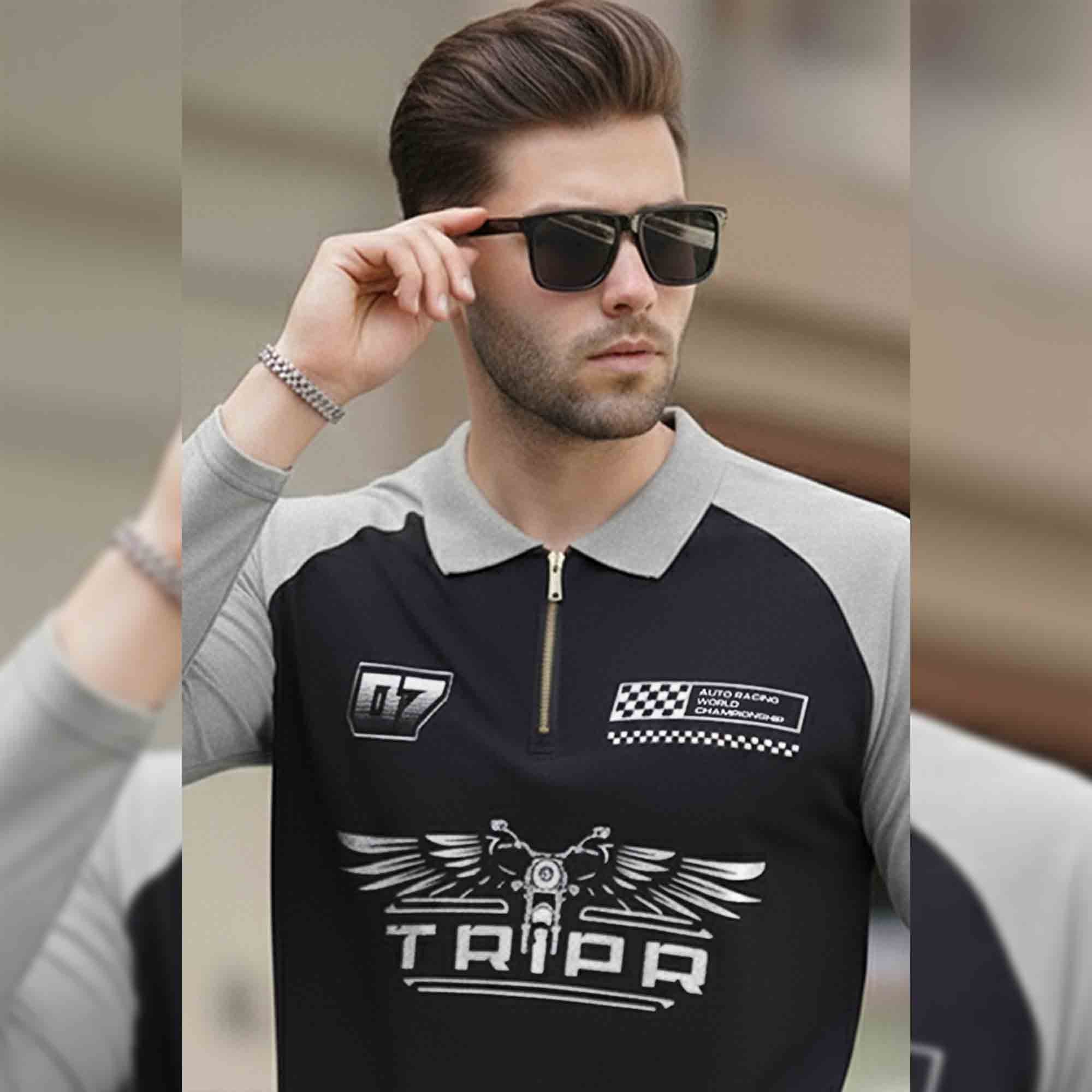 Men Colorblock Quarter Zip Polo Neck Full Sleeve T-shirt Black & Grey