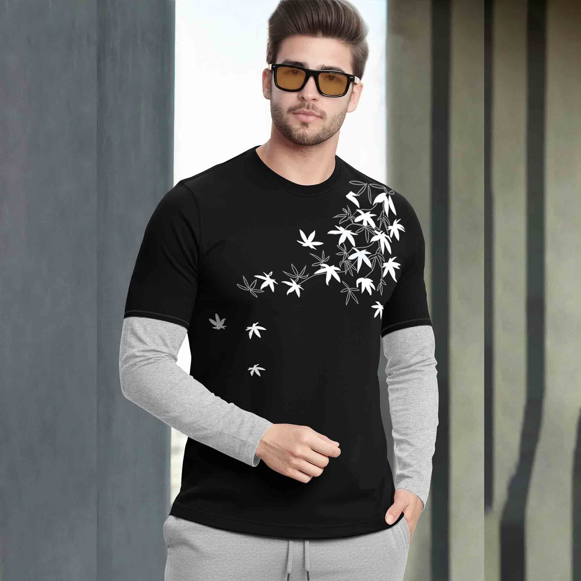 Feather Printed Color Blocked Full Sleeve Black & Grey T-shirt