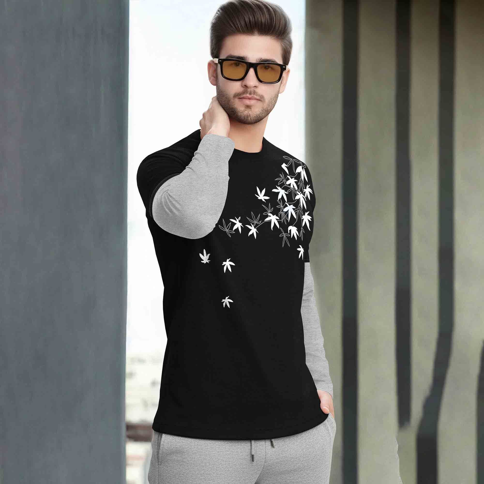 Feather Printed Color Blocked Full Sleeve Black & Grey T-shirt