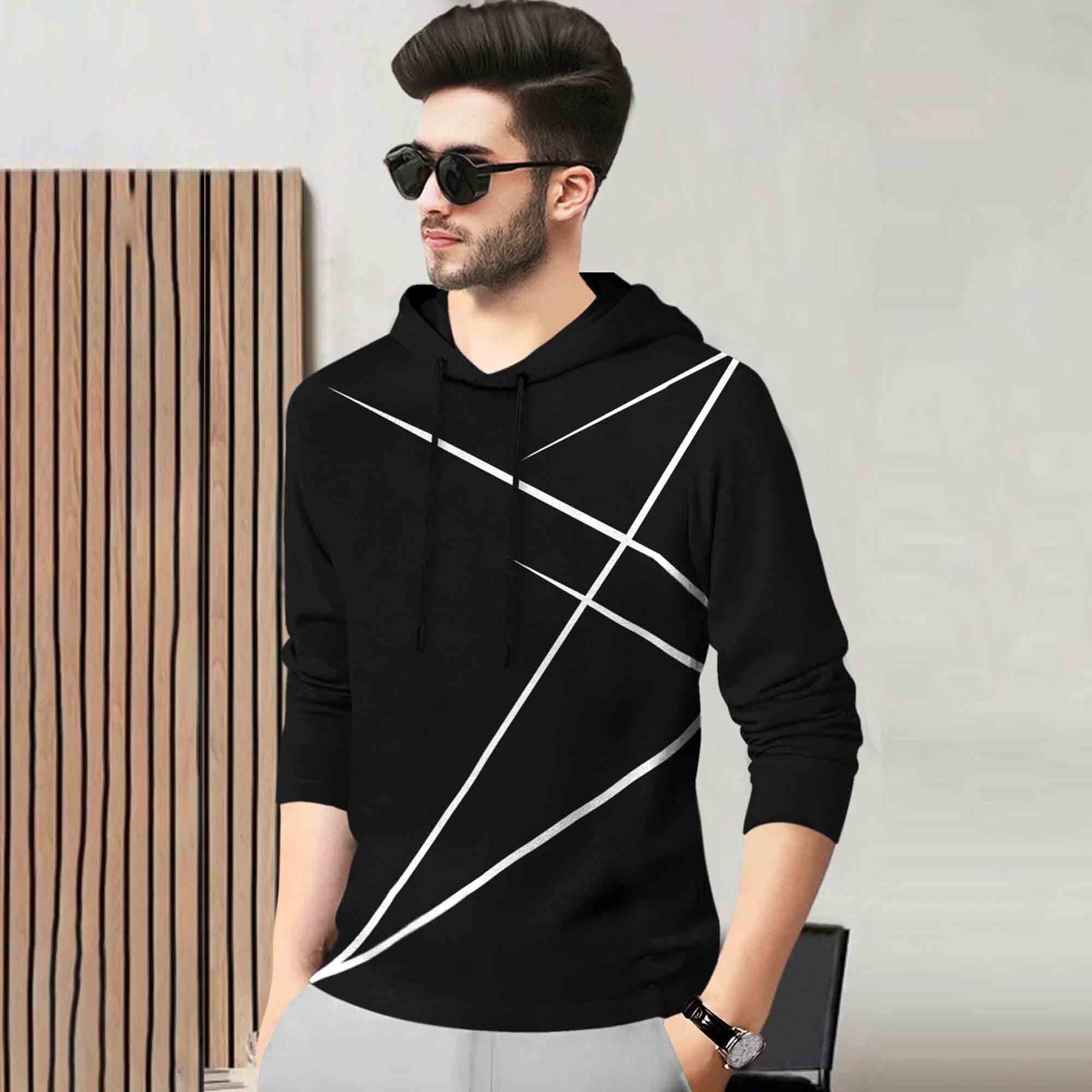 Men Full Sleeve Zig Zag Printed Hooded T-shirt / Black