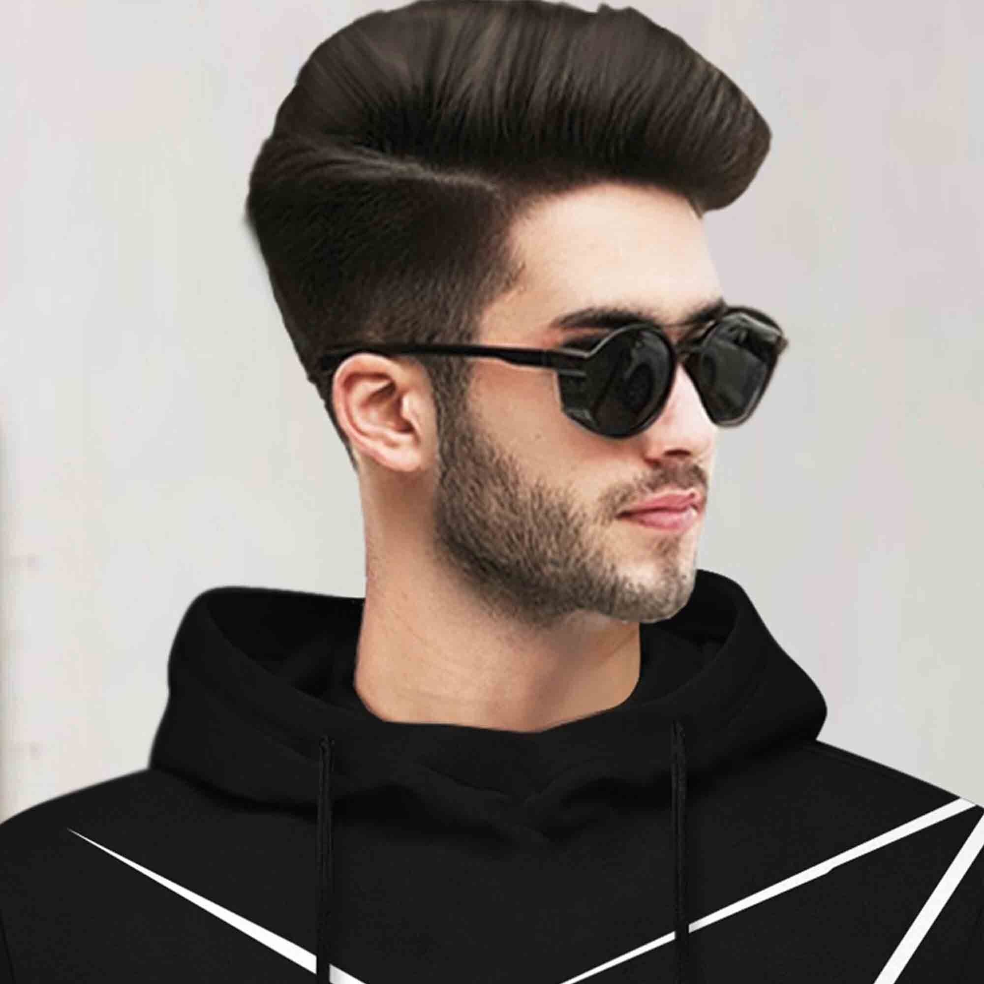 Men Full Sleeve Zig Zag Printed Hooded T-shirt / Black