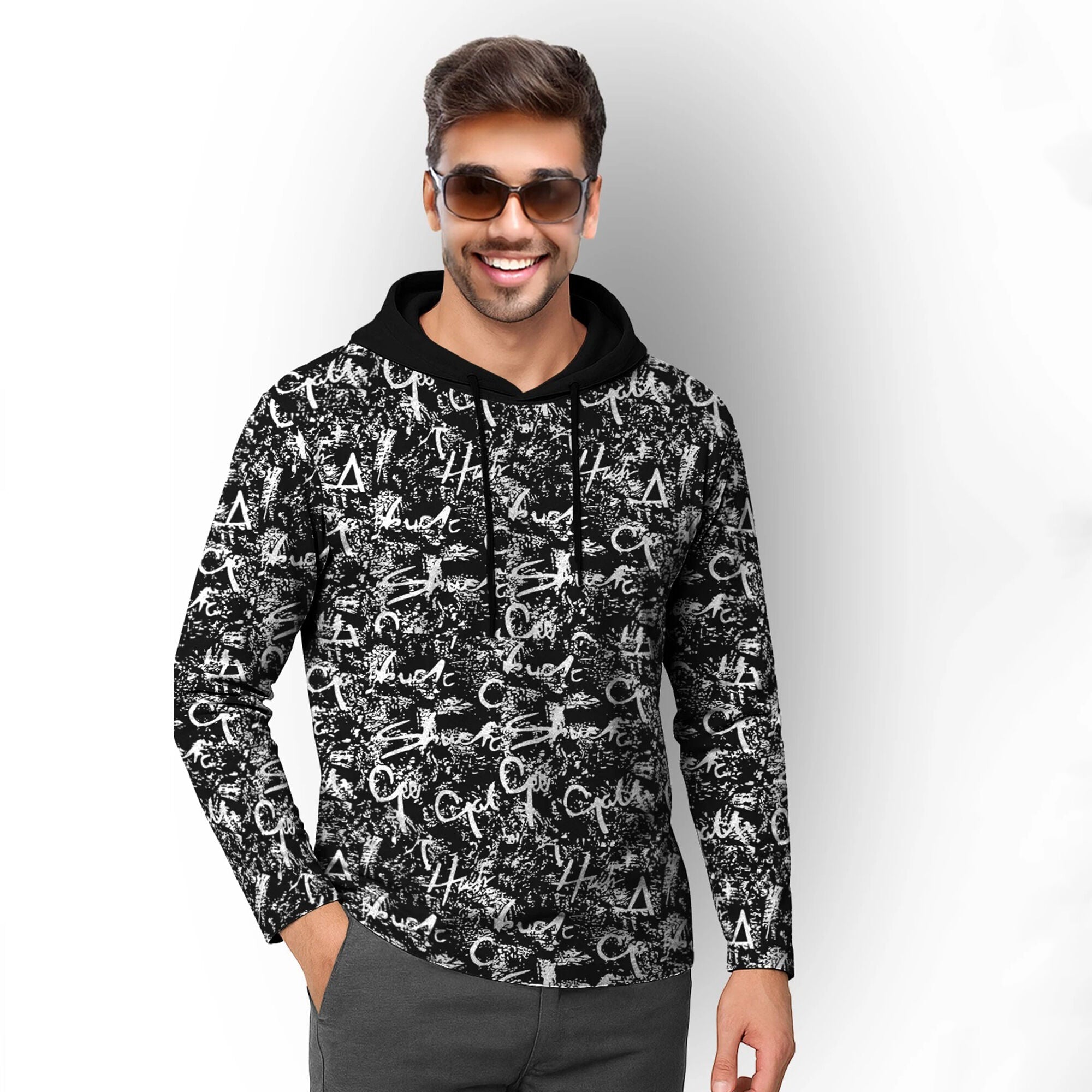 Men Over All Printed Hooded Full Sleeve Casual T-shirt Black