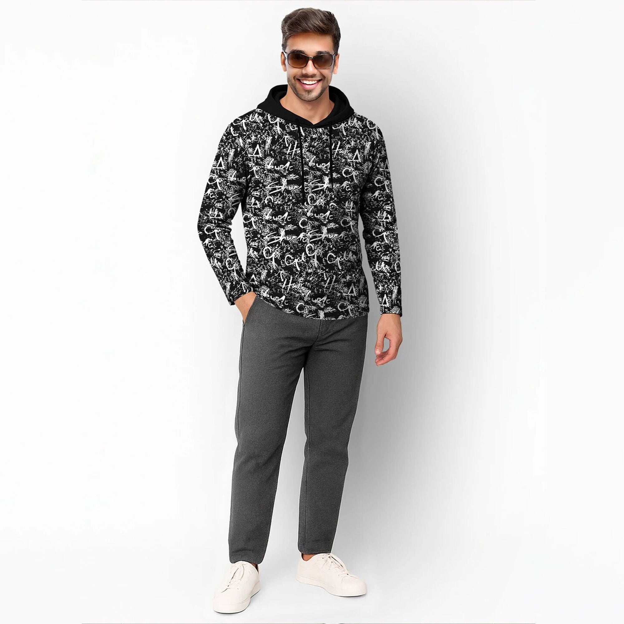 Men Over All Printed Hooded Full Sleeve Casual T-shirt Black