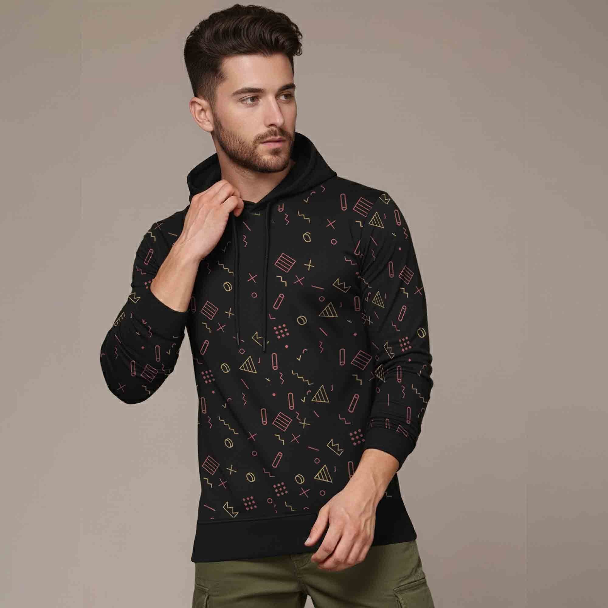 Men Hooded Neck Printed Cotton Blend Tshirt Black