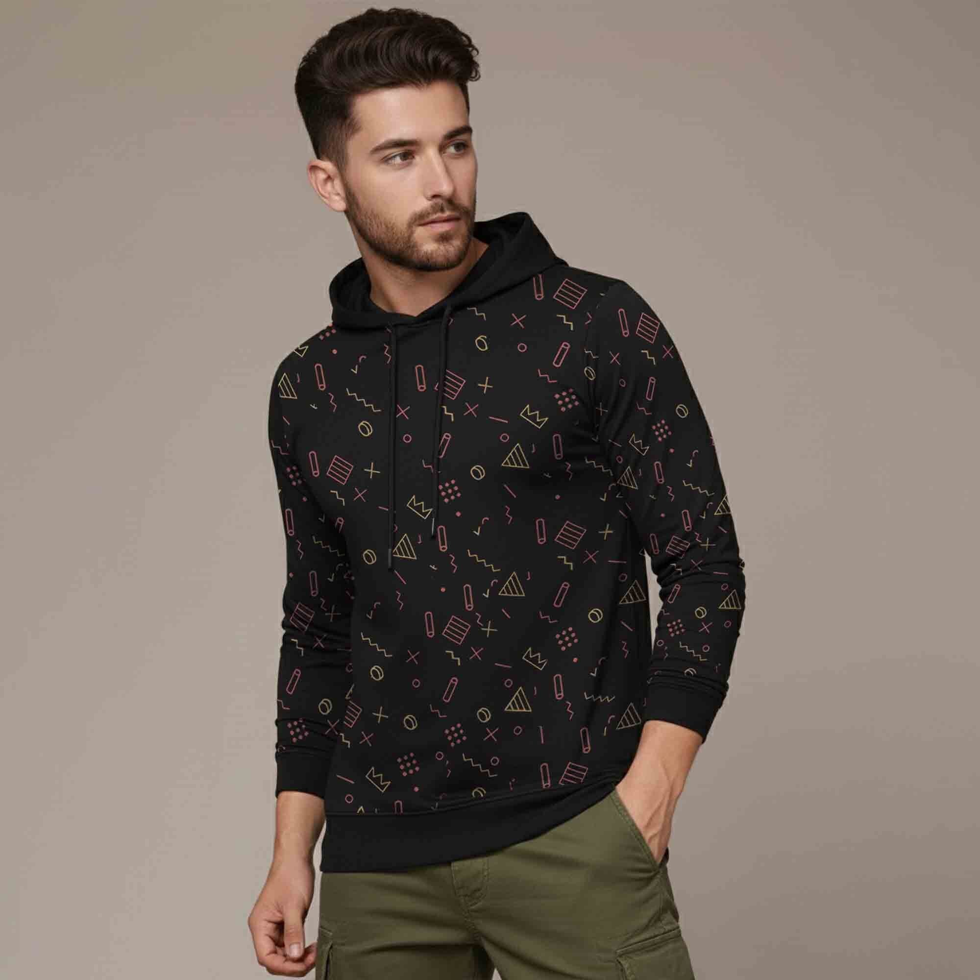 Men Hooded Neck Printed Cotton Blend Tshirt Black