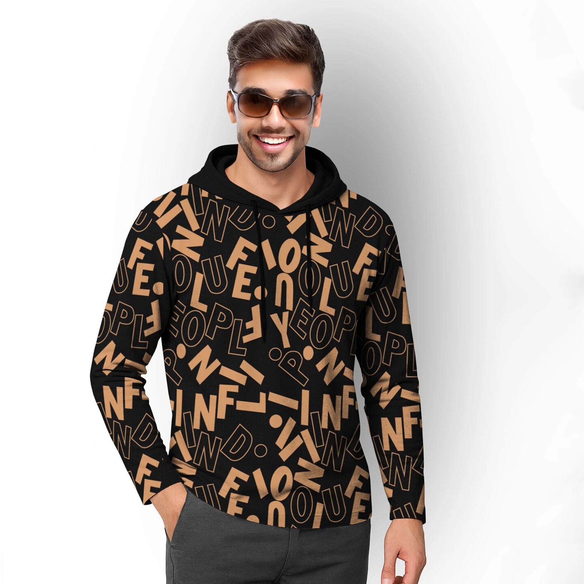 Men Over All Printed Hooded Full Sleeve Casual T-shirt Black & Brown
