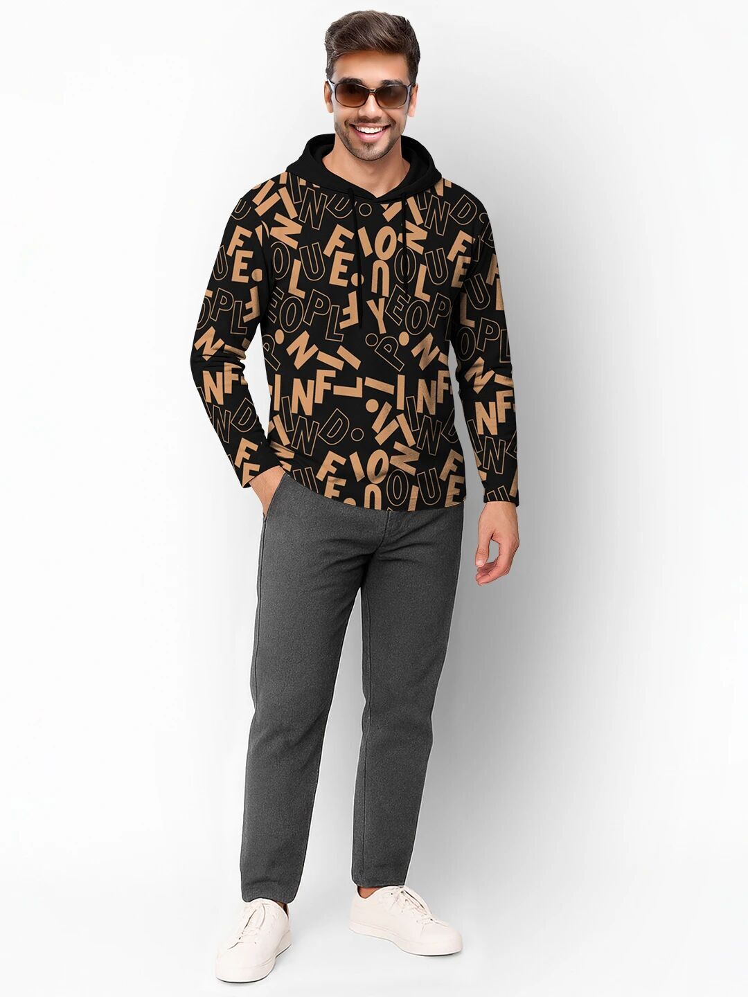 Men Over All Printed Hooded Full Sleeve Casual T-shirt Black & Brown