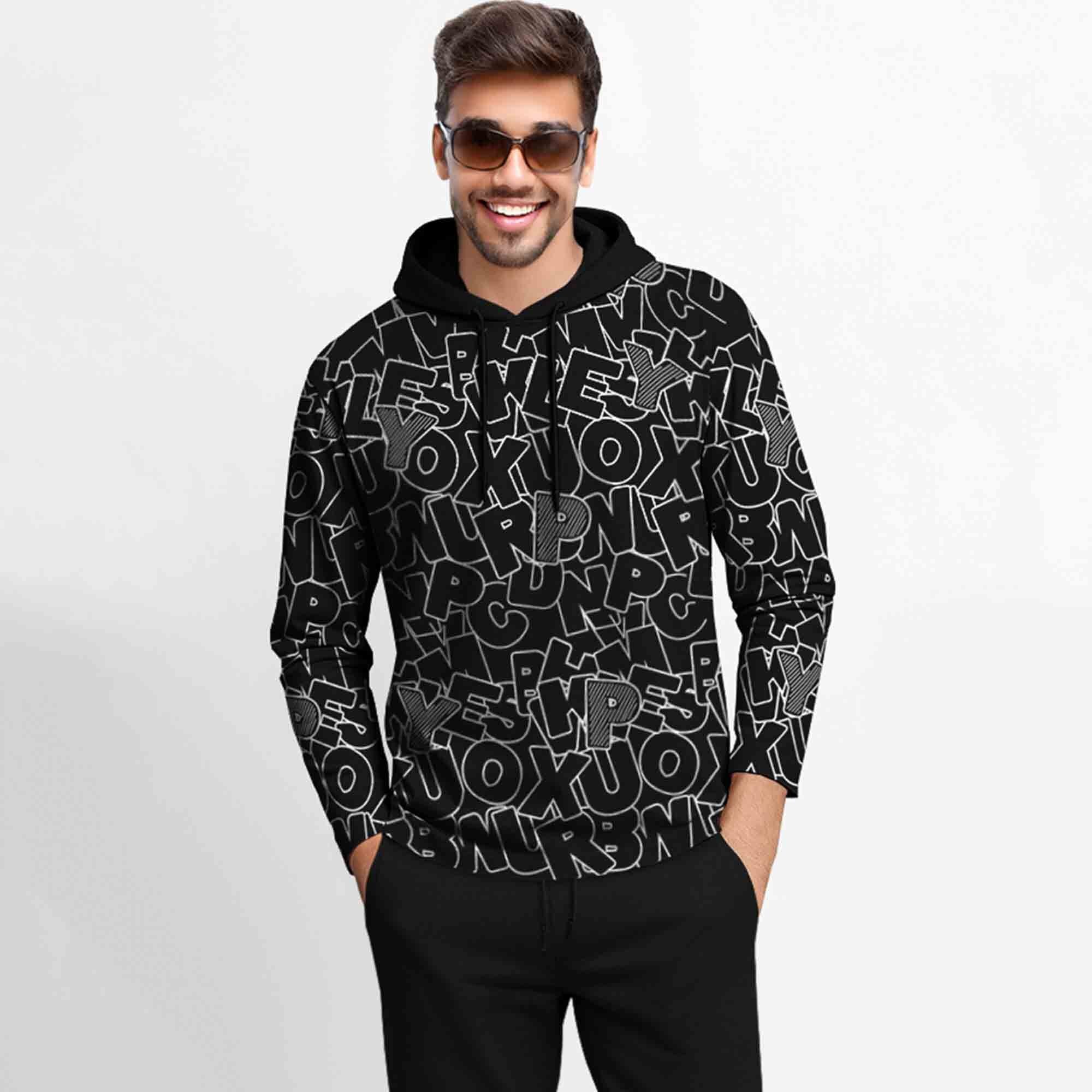 Outfit Set Full Sleeve Black Hooded Printed T-shirt Matching Black Plain Trackpant