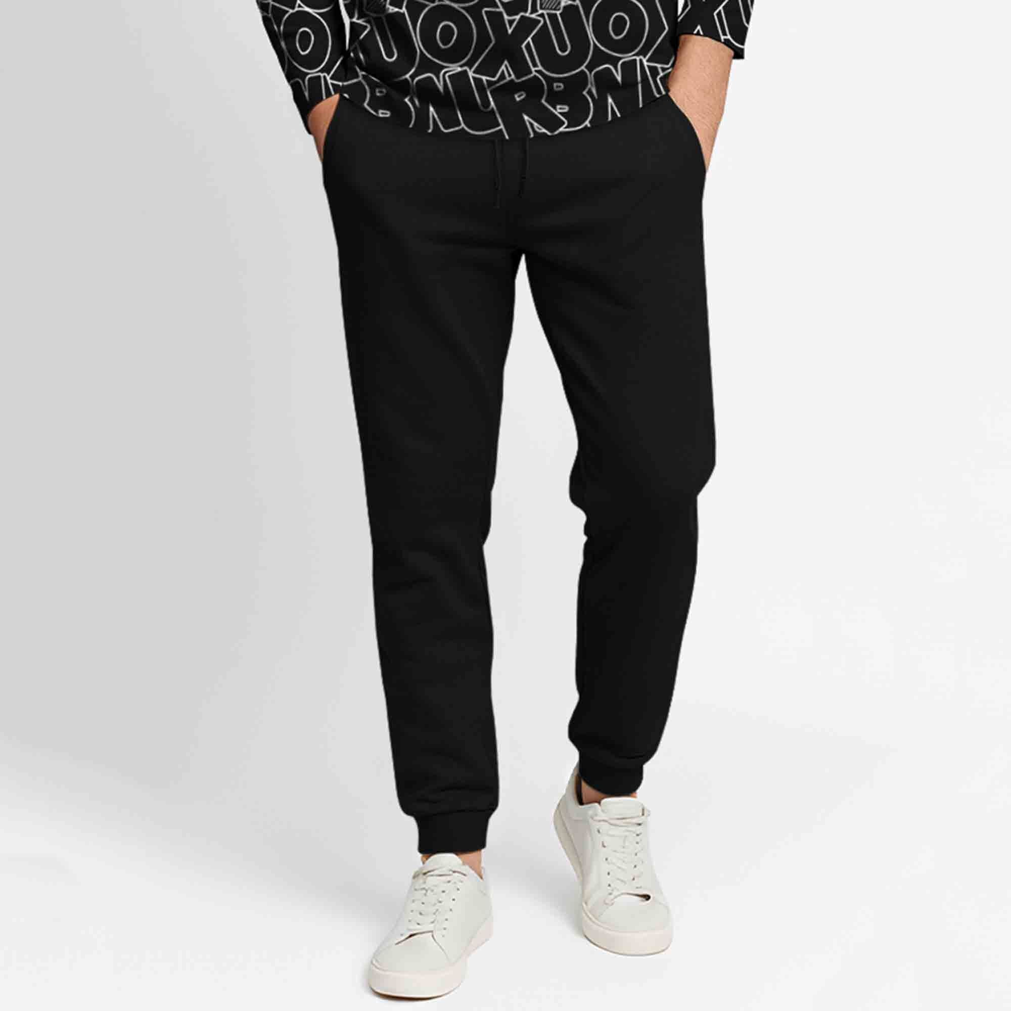 Outfit Set Full Sleeve Black Hooded Printed T-shirt Matching Black Plain Trackpant