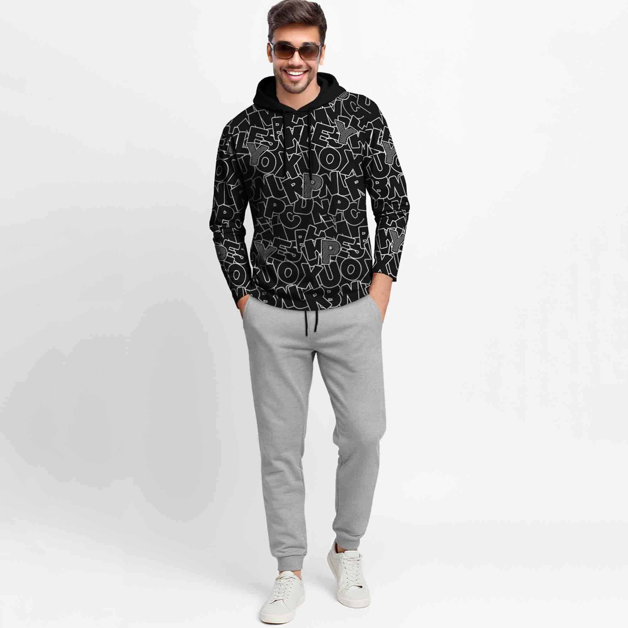 Outfit Set Full Sleeve Black Hooded Printed T-shirt Matching Grey Plain Trackpant