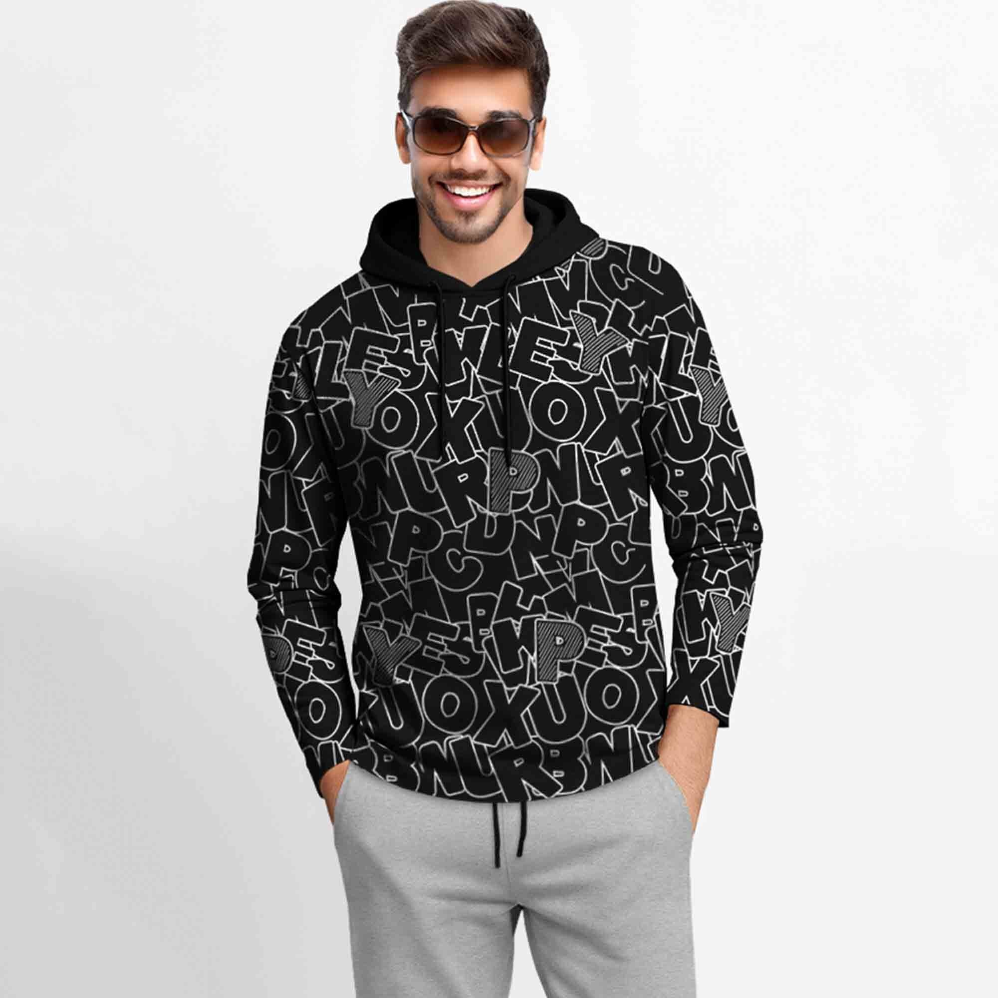Outfit Set Full Sleeve Black Hooded Printed T-shirt Matching Grey Plain Trackpant