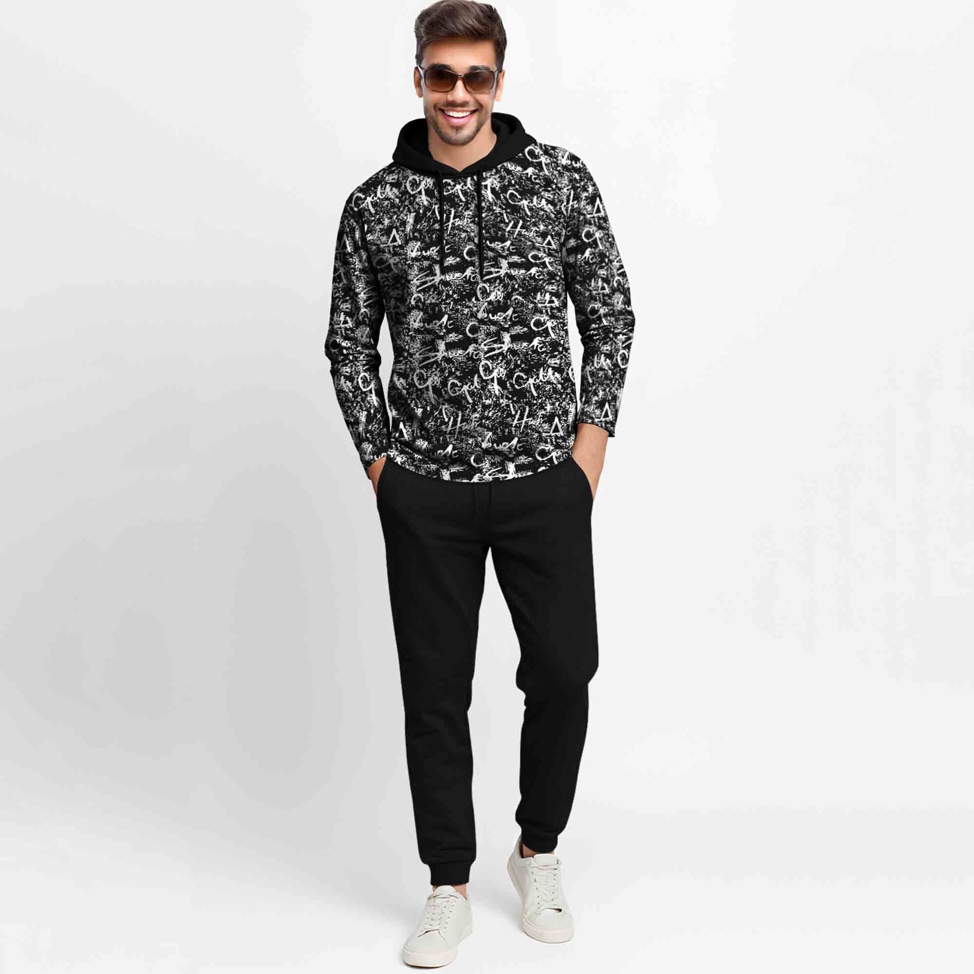 Outfit Set Full Sleeve Black Hooded Printed T-shirt Matching Black Plain Trackpant