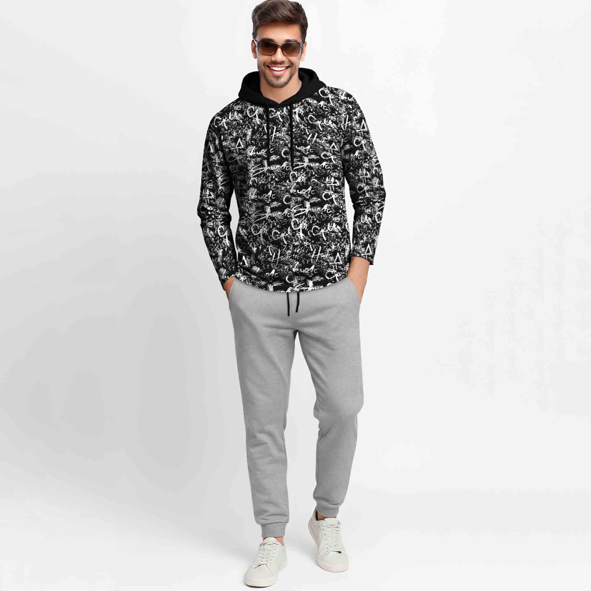 Outfit Set Full Sleeve Black Hooded Printed T-shirt Matching Grey Plain Trackpant