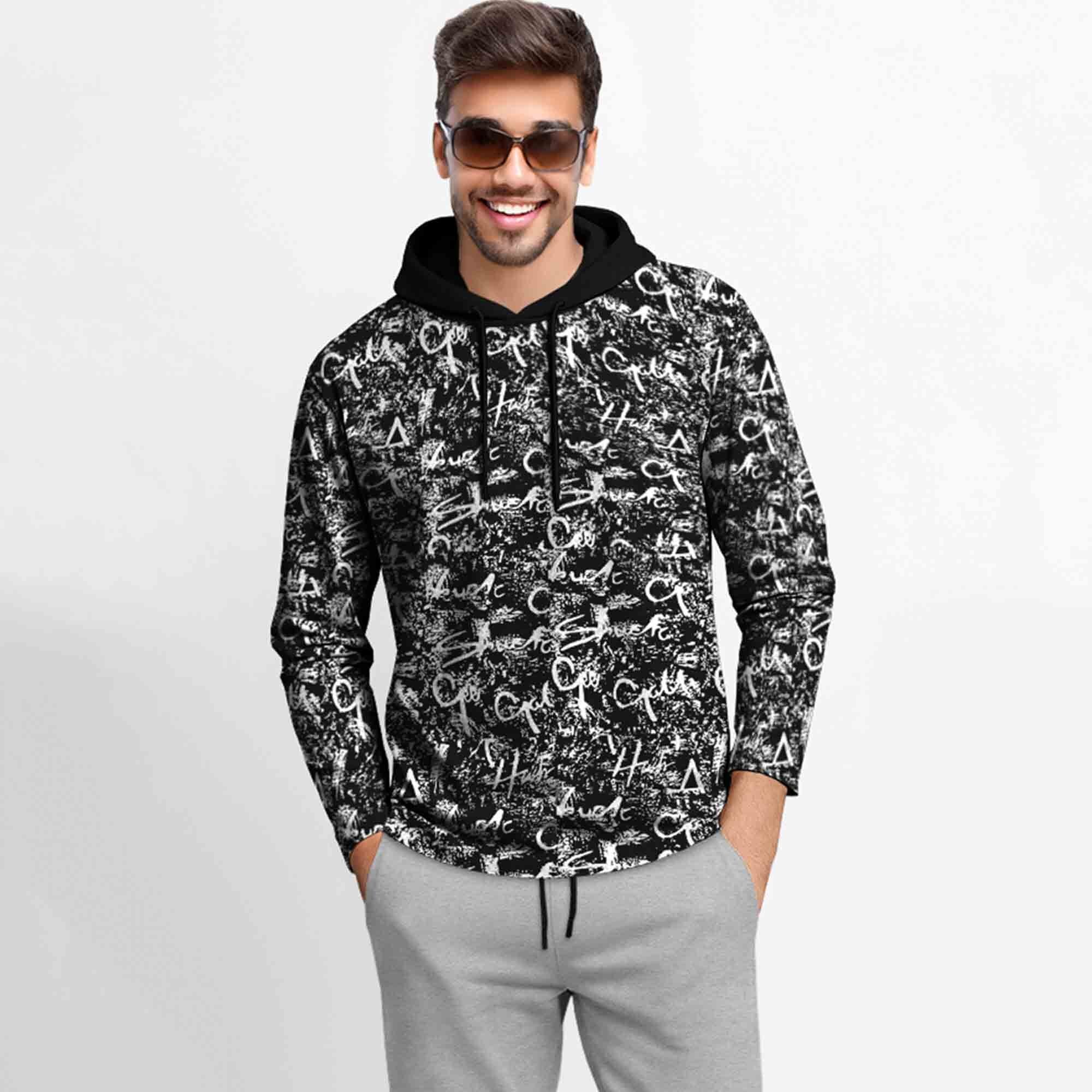 Outfit Set Full Sleeve Black Hooded Printed T-shirt Matching Grey Plain Trackpant