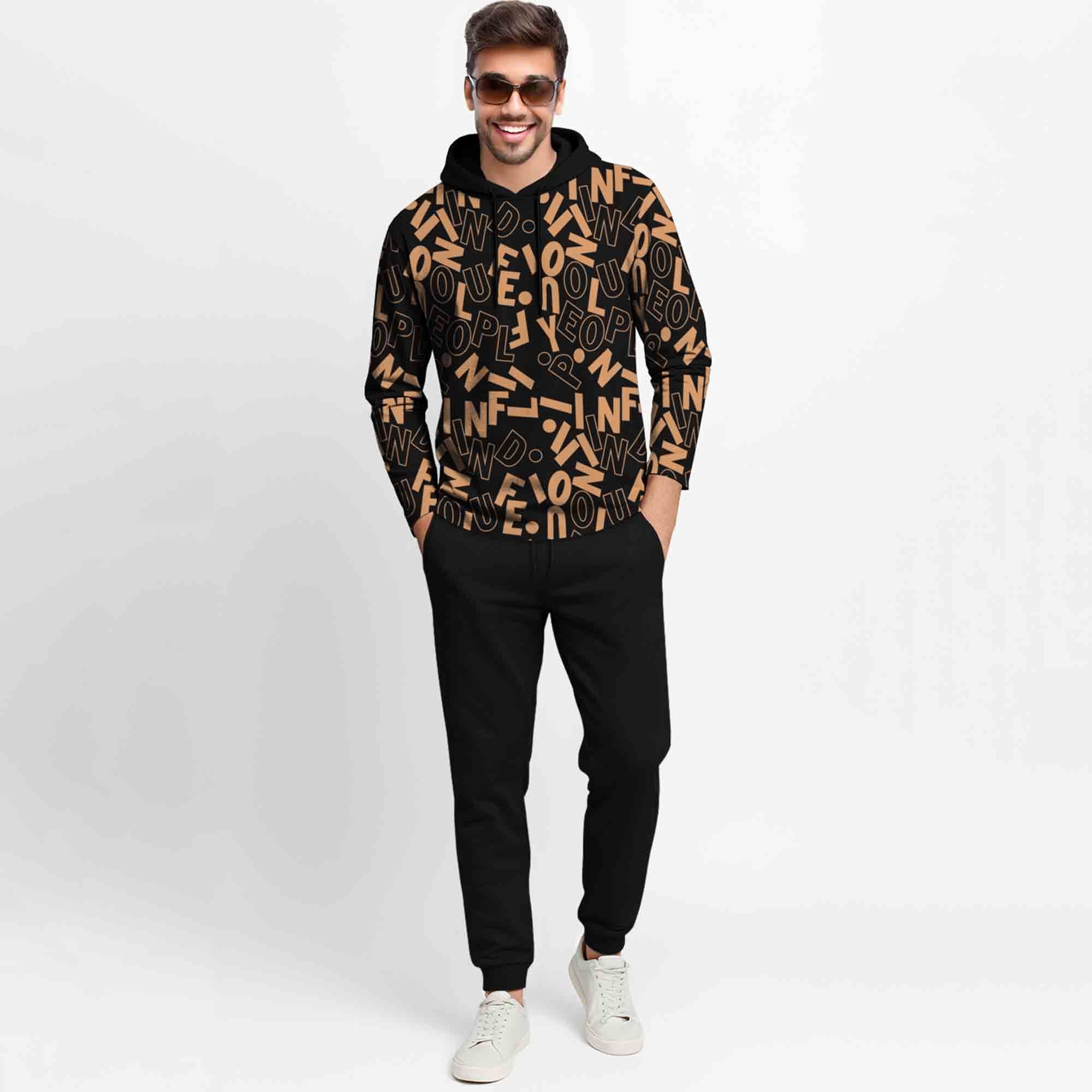 Outfit Set Full Sleeve Black Hooded Printed T-shirt Matching Black Plain Trackpant